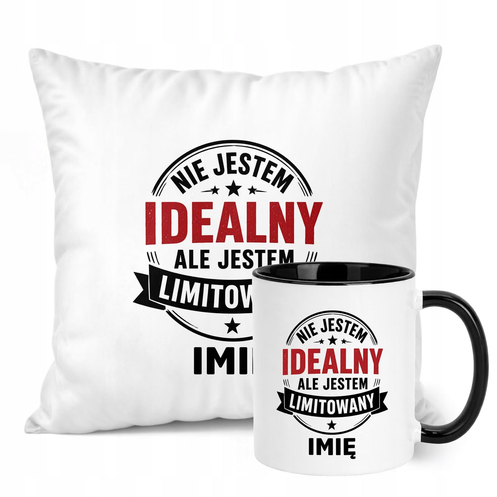 Zestaw Personalizowany Kubek Czarny Poduszka Dzień Chłopaka Z Nadrukiem