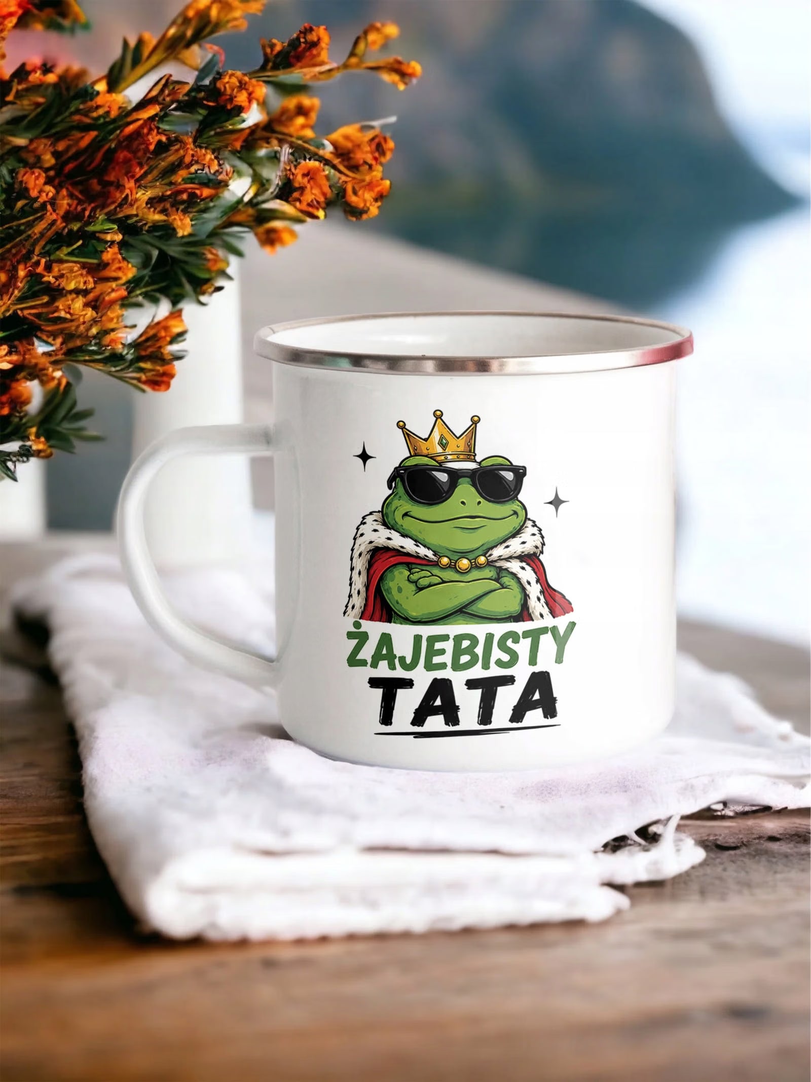 Kubek Emaliowany Dzień Ojca prezent dla taty z Nadrukiem Biały Metalowy