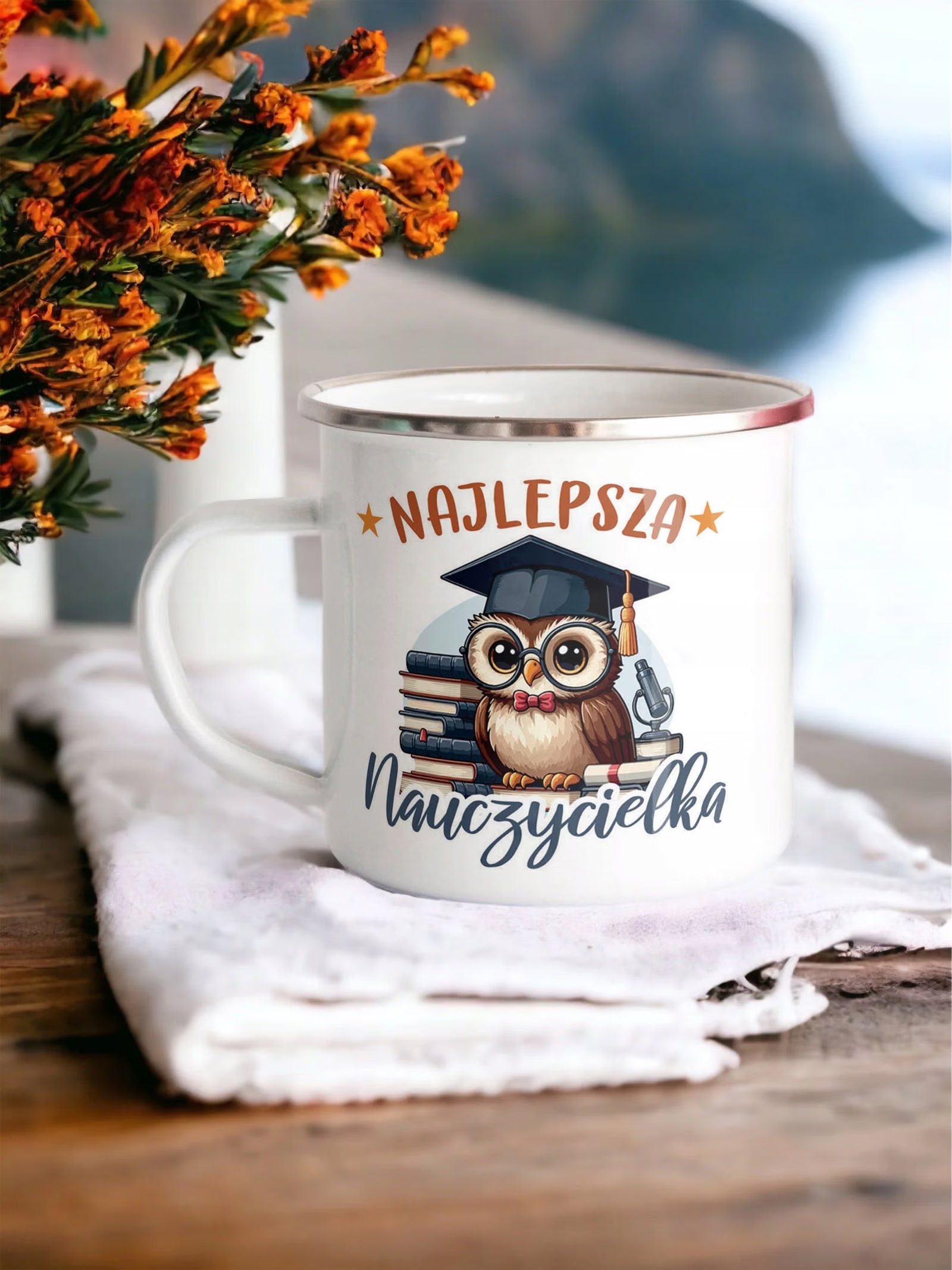 Kubek Emaliowany Najlepsza Nauczycielka Dzień z Nadrukiem Biały Metalowy
