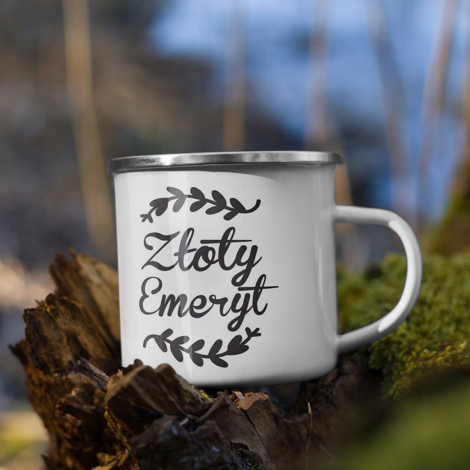 Kubek Emaliowany z okazji Emerytury Dla Emeryta z Nadrukiem Biały Metalowy