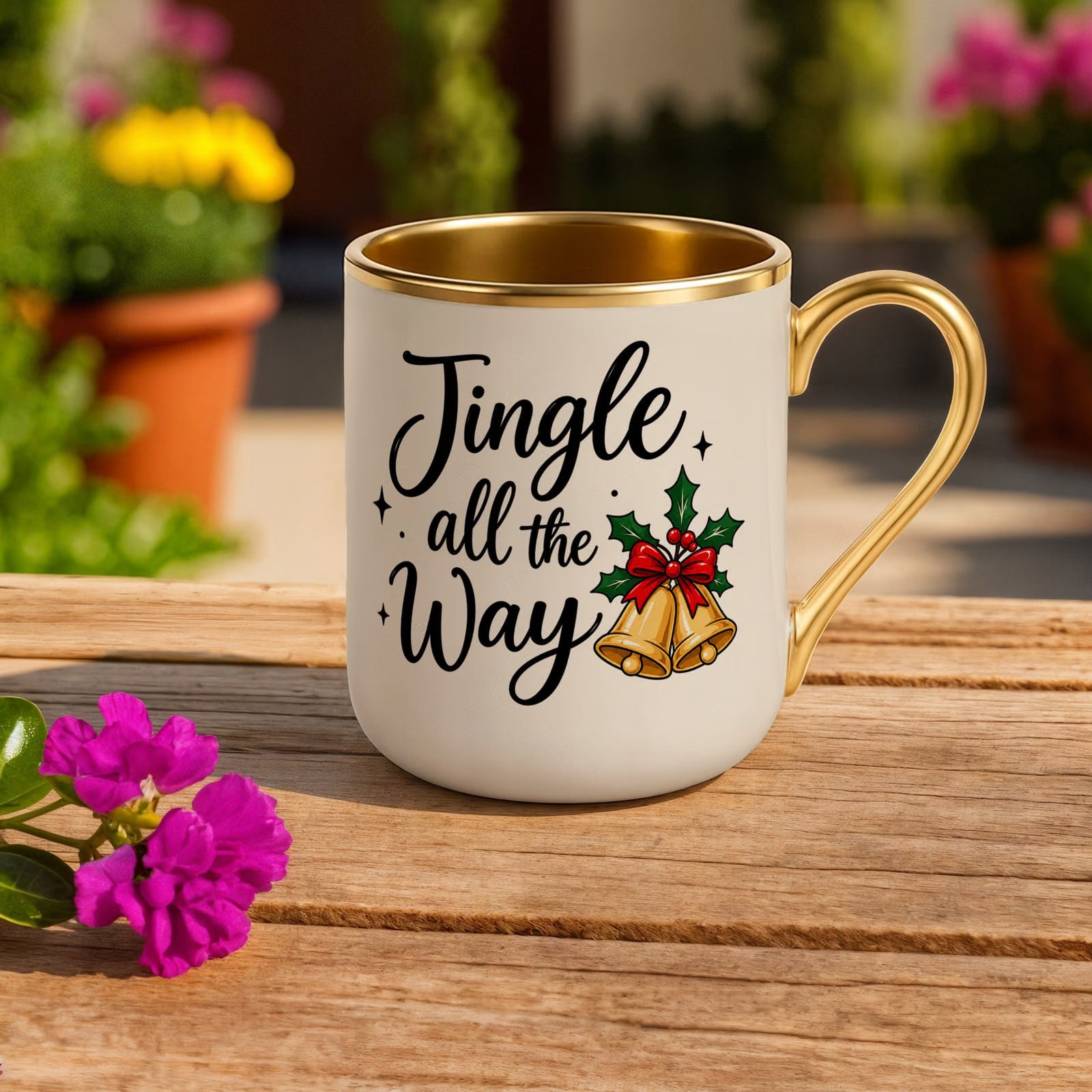 Kubek Premium Złoty Ecru Boże Narodzenie Święta Jingle All The Way Prezent