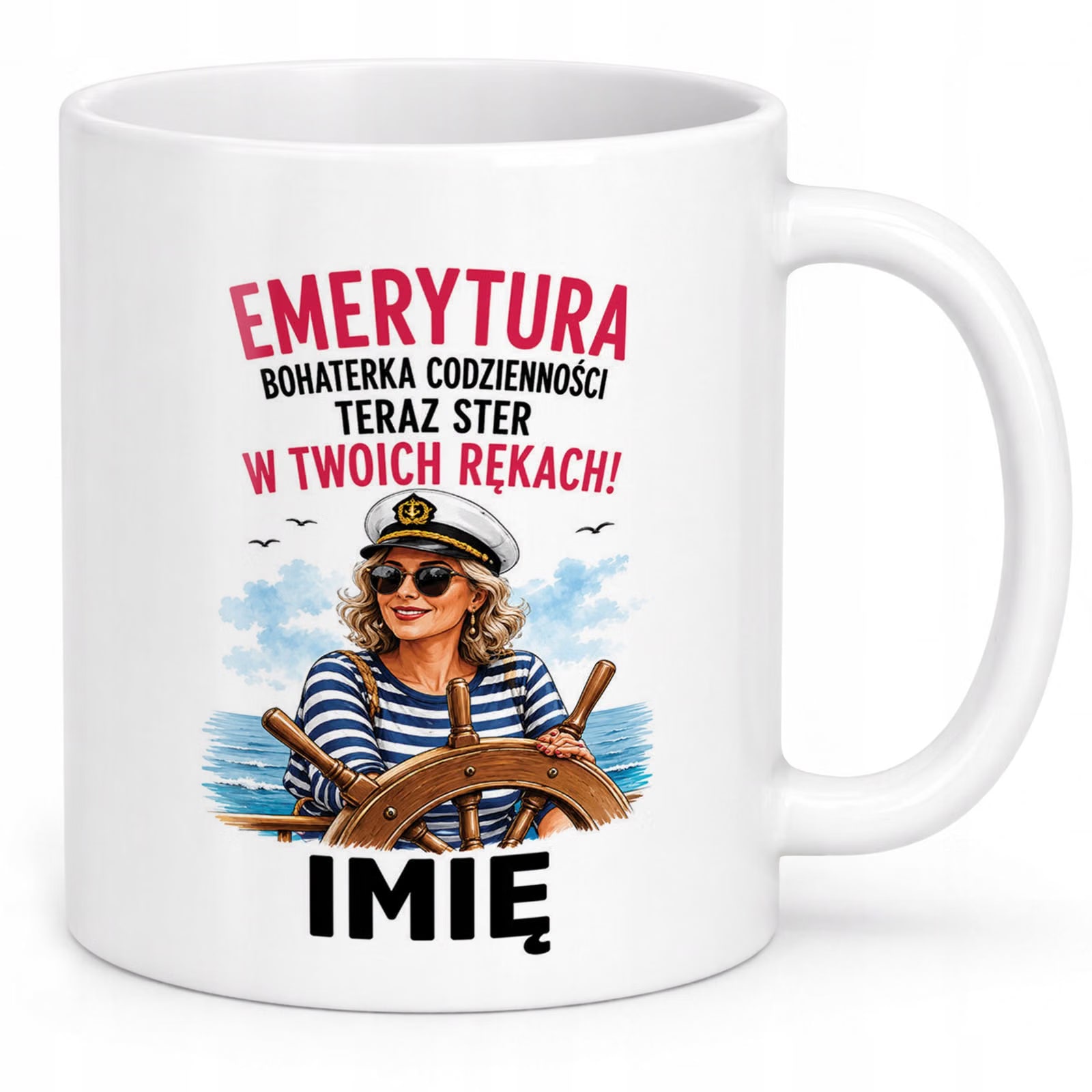 Biały Kubek Personalizowany z Nadrukiem Emerytura Dla Emerytki Prezent