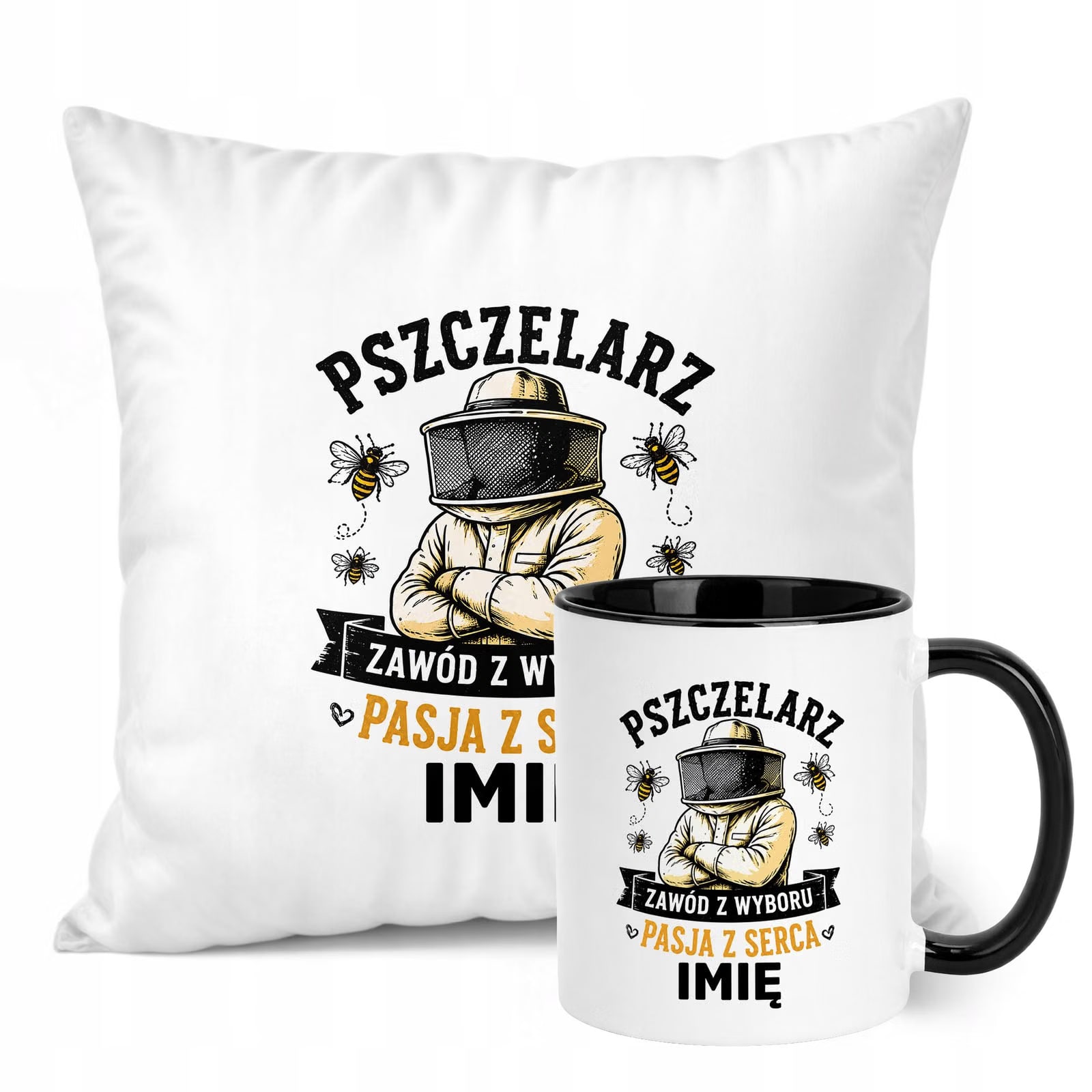 Zestaw Personalizowany Kubek Czarny Poduszka Z Nadrukiem Dla Pszczelarza