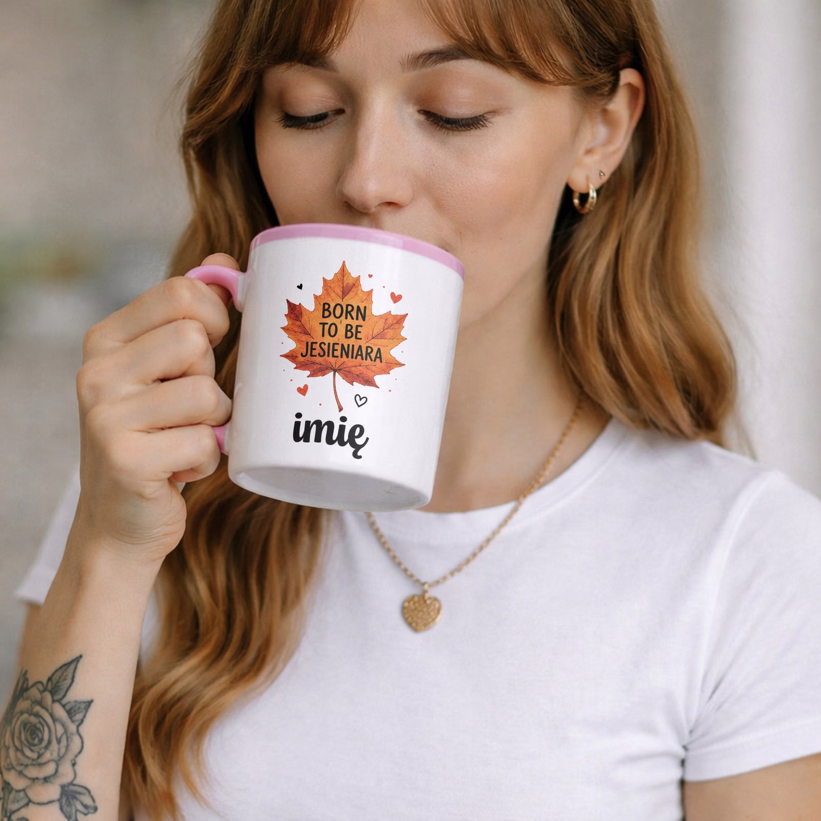 Zestaw Personalizowany Kubek Różowy Poduszka Jesień Jesienny Z Nadrukiem