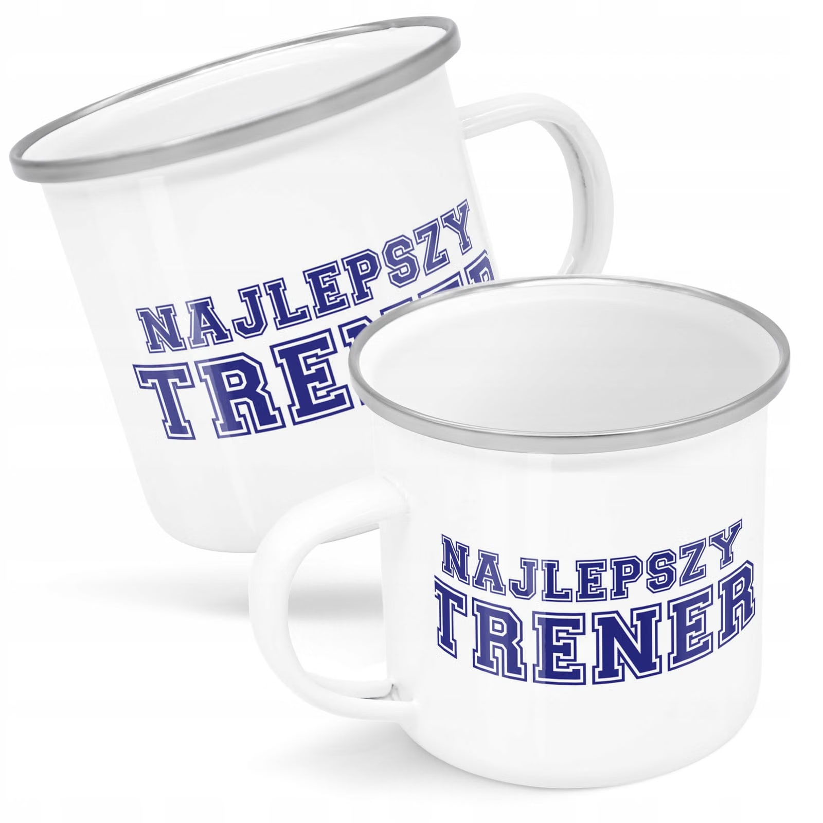 Kubek Emaliowany Najlepszy Trener Sport Prezent z Nadrukiem Biały Metalowy