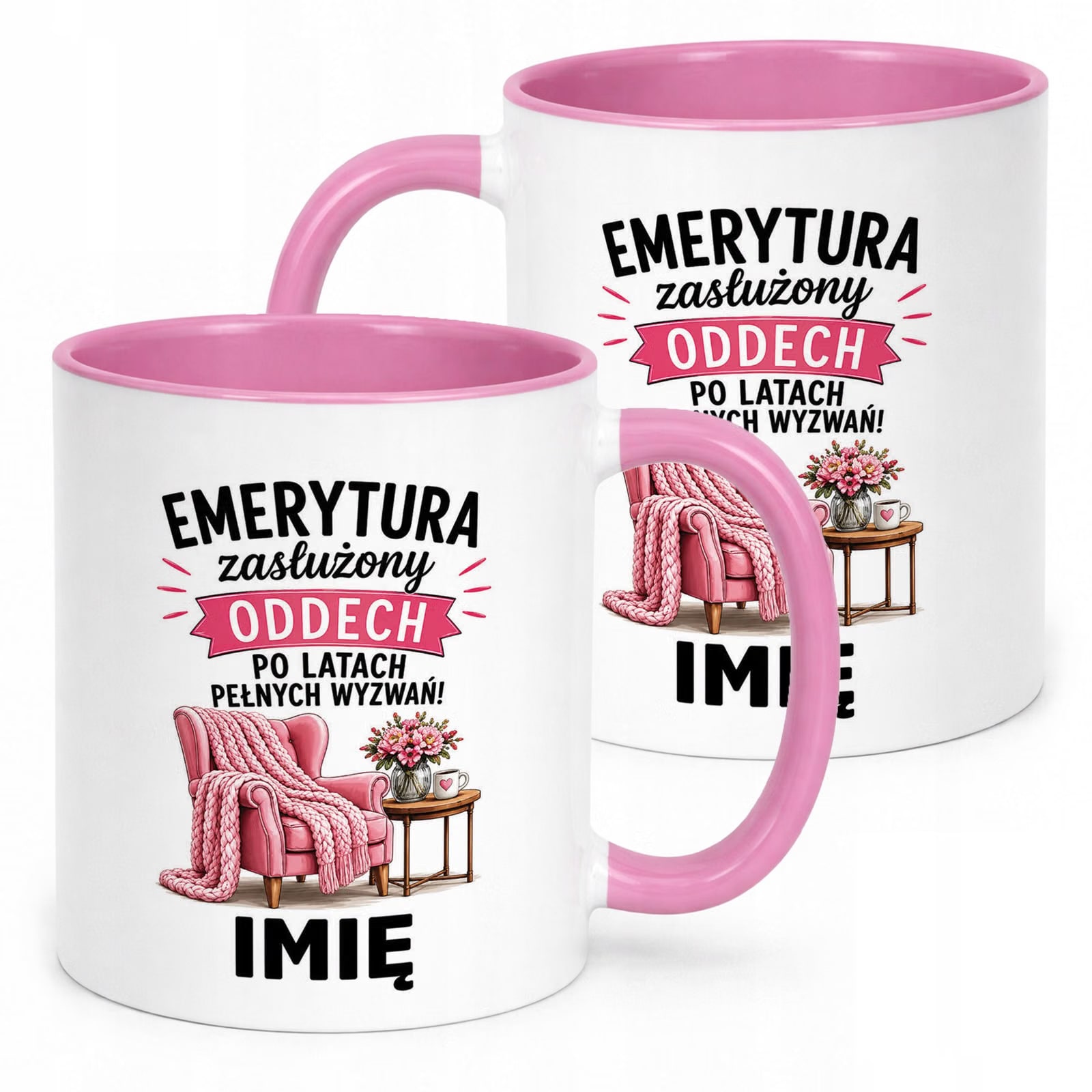 Kubek Różowy Personalizowany z Nadrukiem Emerytura Dla Emerytki Prezent