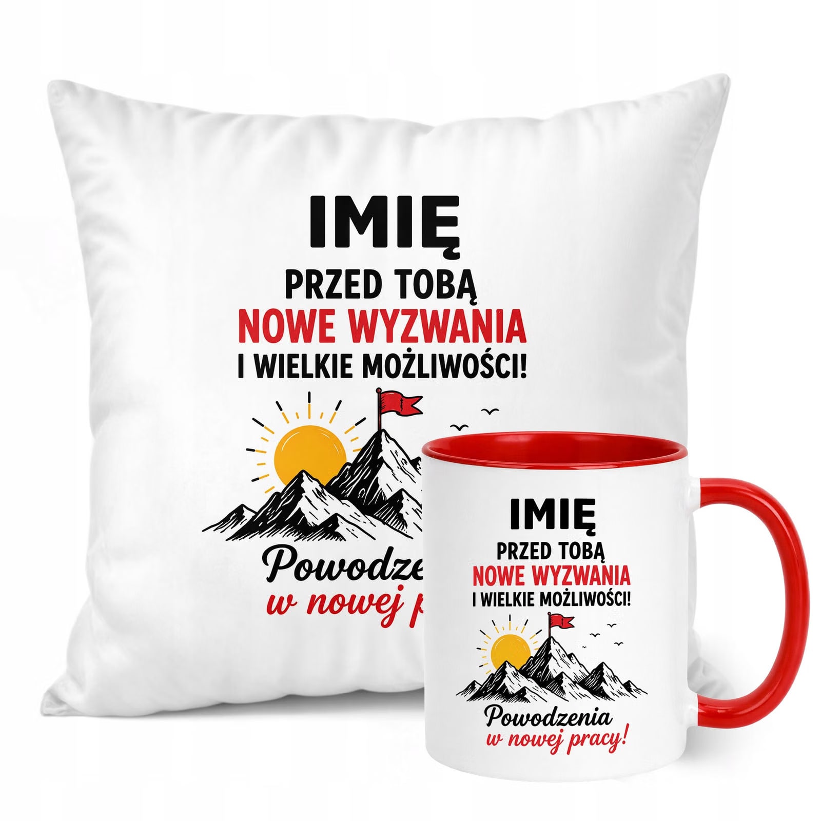 Zestaw Personalizowany Kubek Czerwony Poduszka Odejście z Pracy Prezent