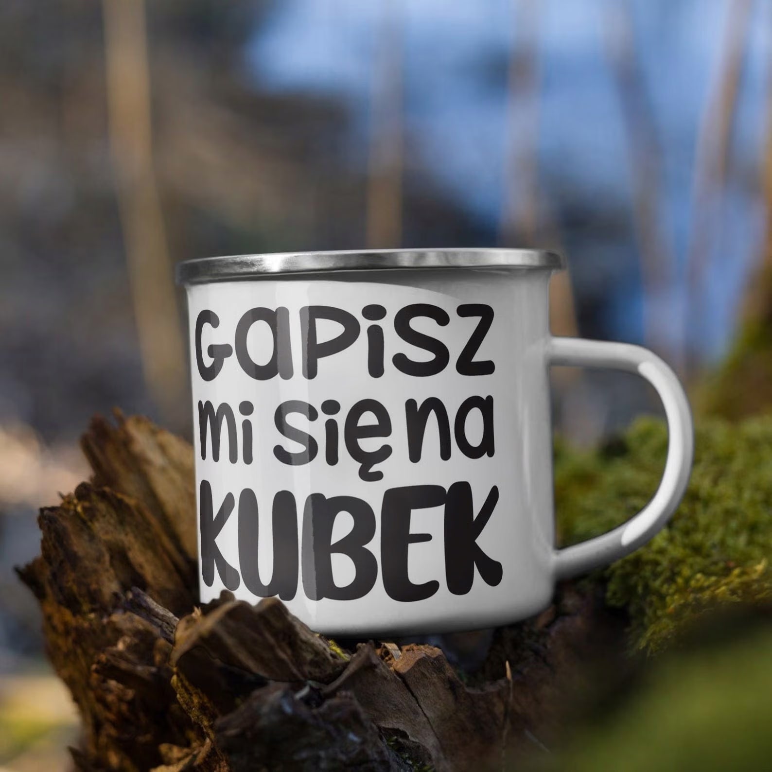 Kubek Emaliowany Gapisz Mi Się Śmieszny Zabawny z Nadrukiem Biały Metalowy