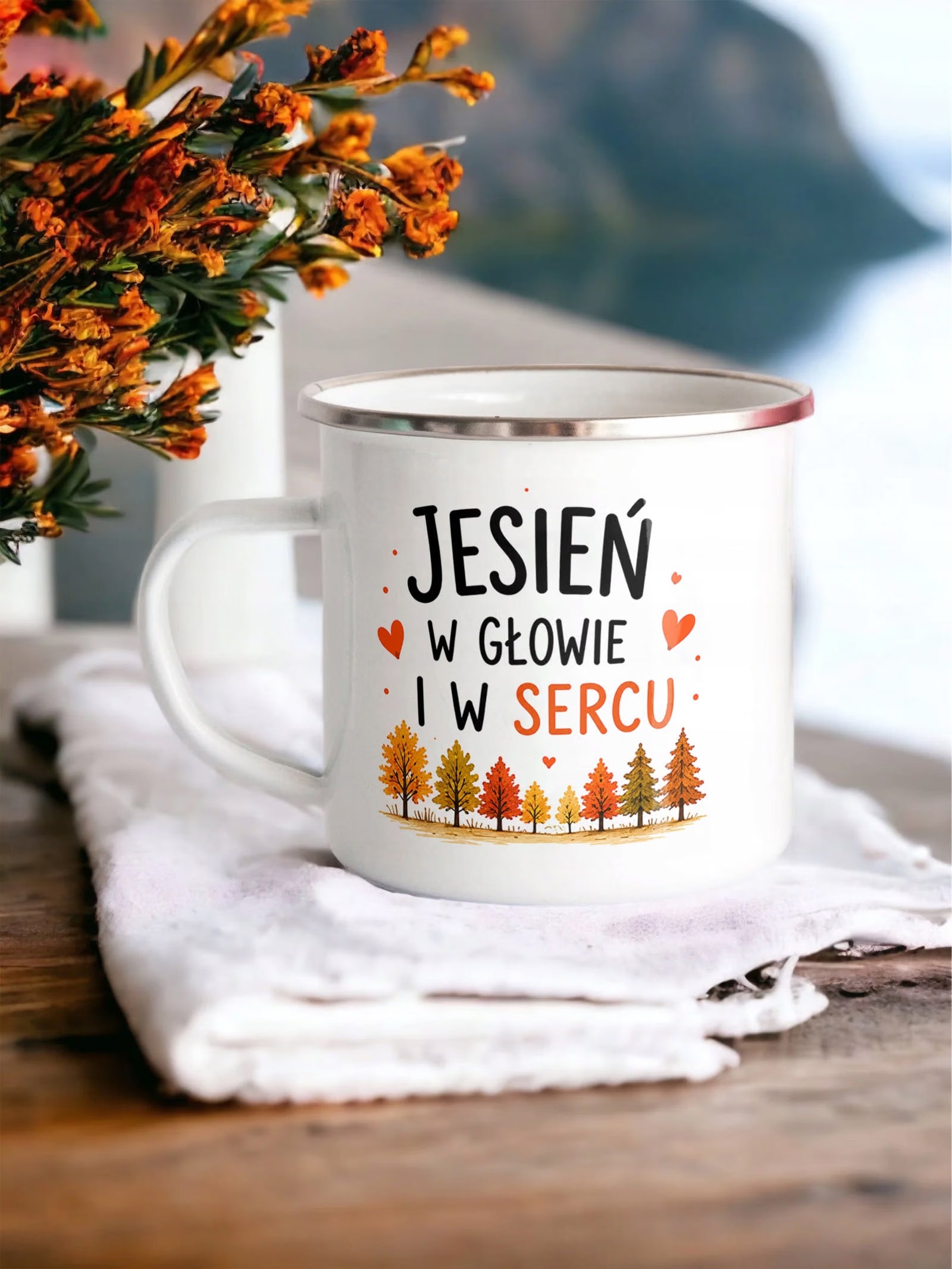 Kubek Emaliowany Jesienny Jesień z Nadrukiem Biały Metalowy Prezent