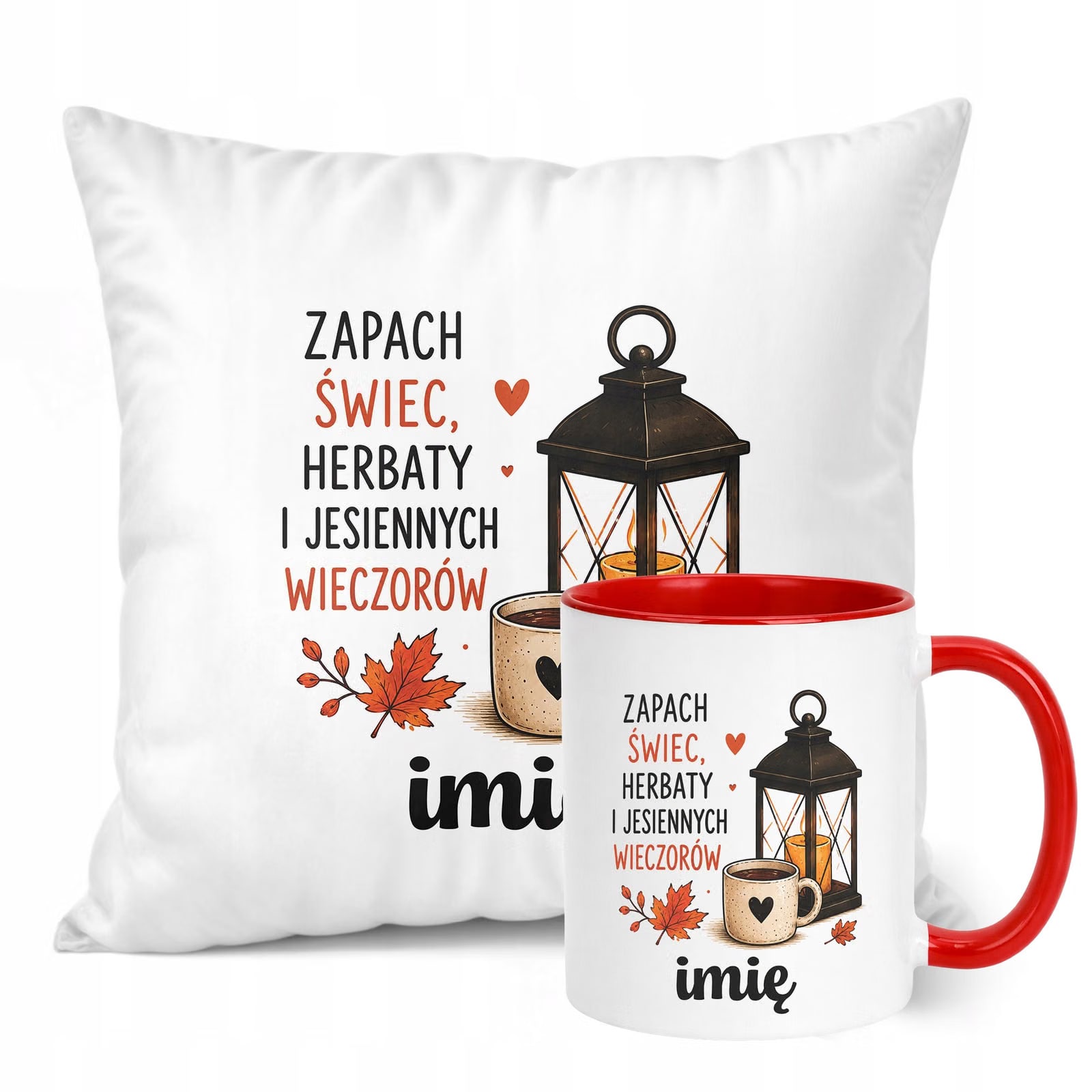 Zestaw Personalizowany Kubek Czerwony Poduszka Jesień Z Nadrukiem