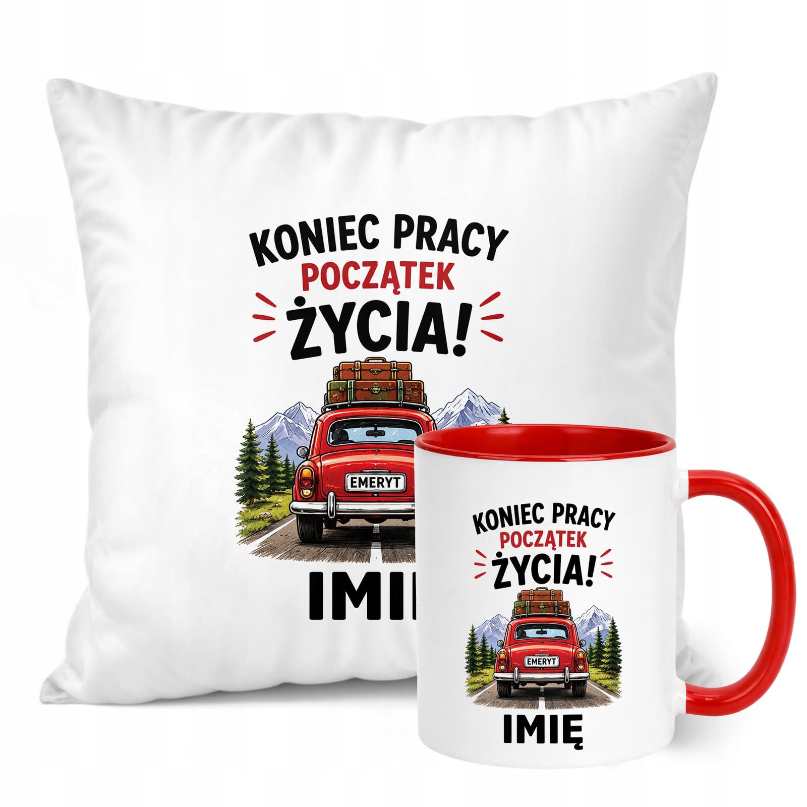 Zestaw Personalizowany Kubek Czerwony Poduszka Emerytura Upominek Prezent
