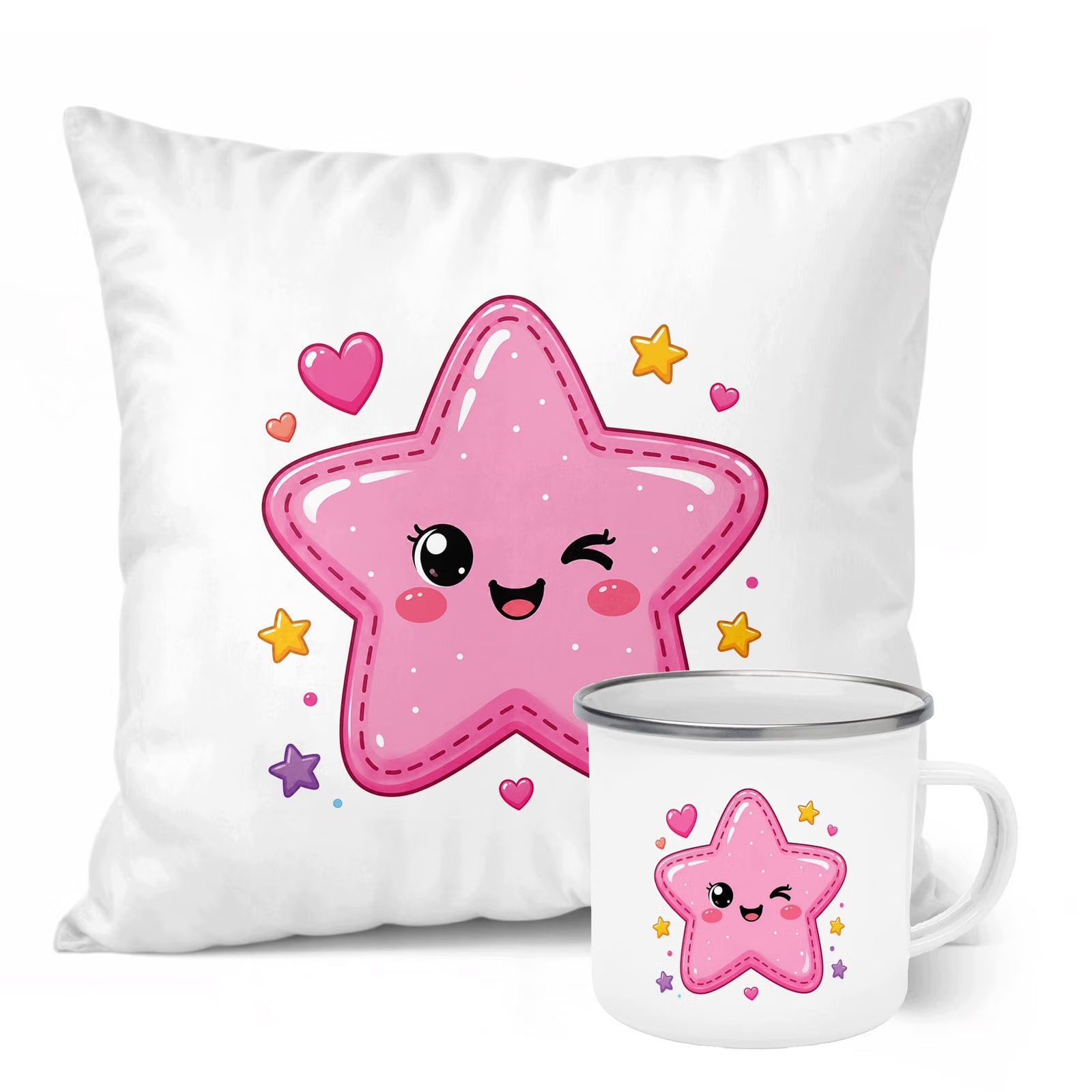 Zestaw Kubek Emaliowany Poduszka Z Nadrukiem Kawaii Gwiazdka Prezent