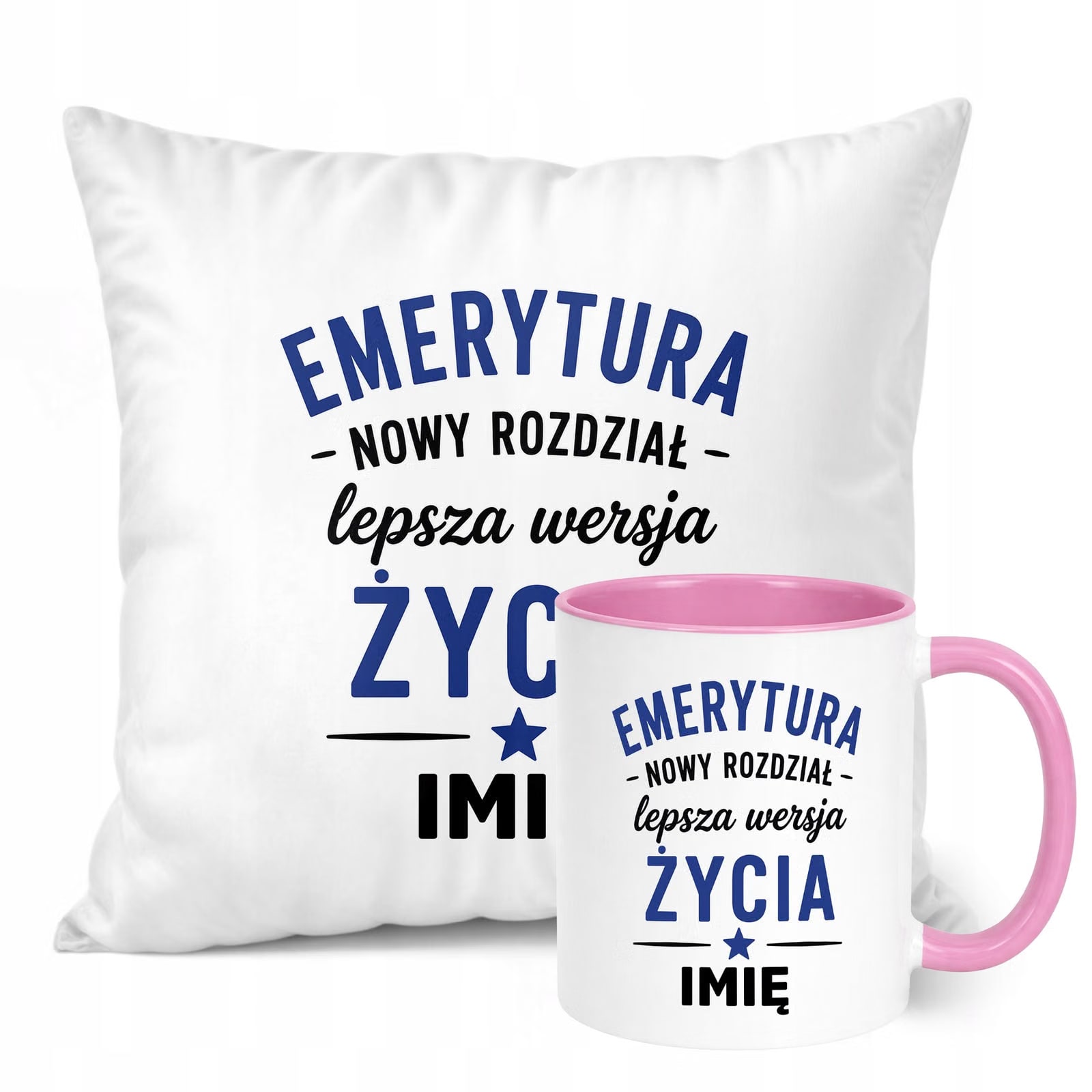 Zestaw Personalizowany Kubek Różowy Poduszka Emerytura Upominek Prezent