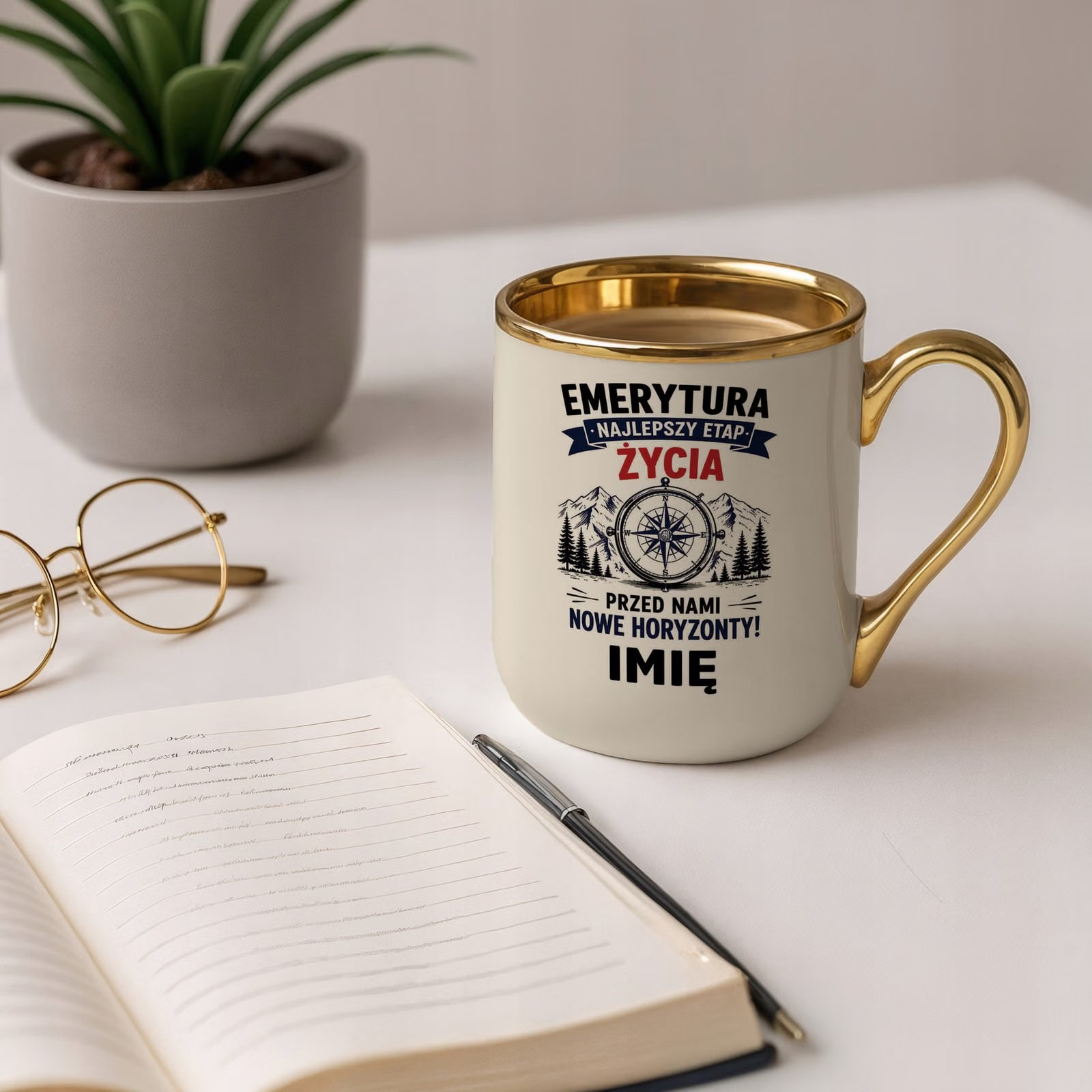 Kubek Personalizowany z nadrukiem Premium Złoty Ecru Emerytura Prezent