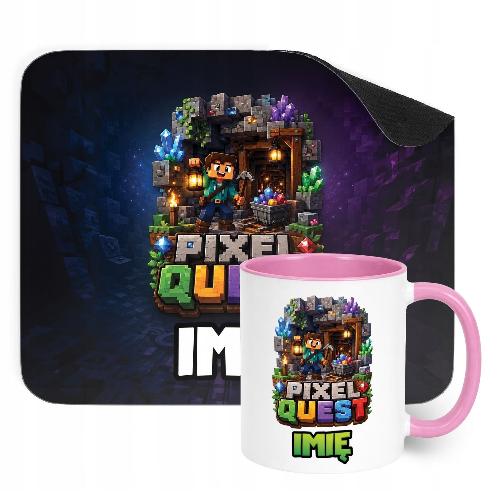 Zestaw personalizowany Kubek Różowy Podkładka pod mysz gra Pixel Quest