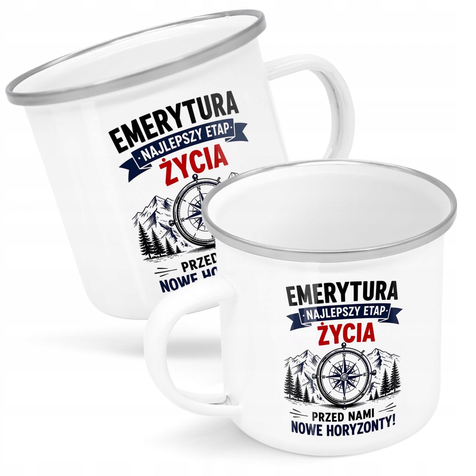 Kubek Emaliowany Emerytura Dla Emeryta z Nadrukiem Biały Metalowy Prezent