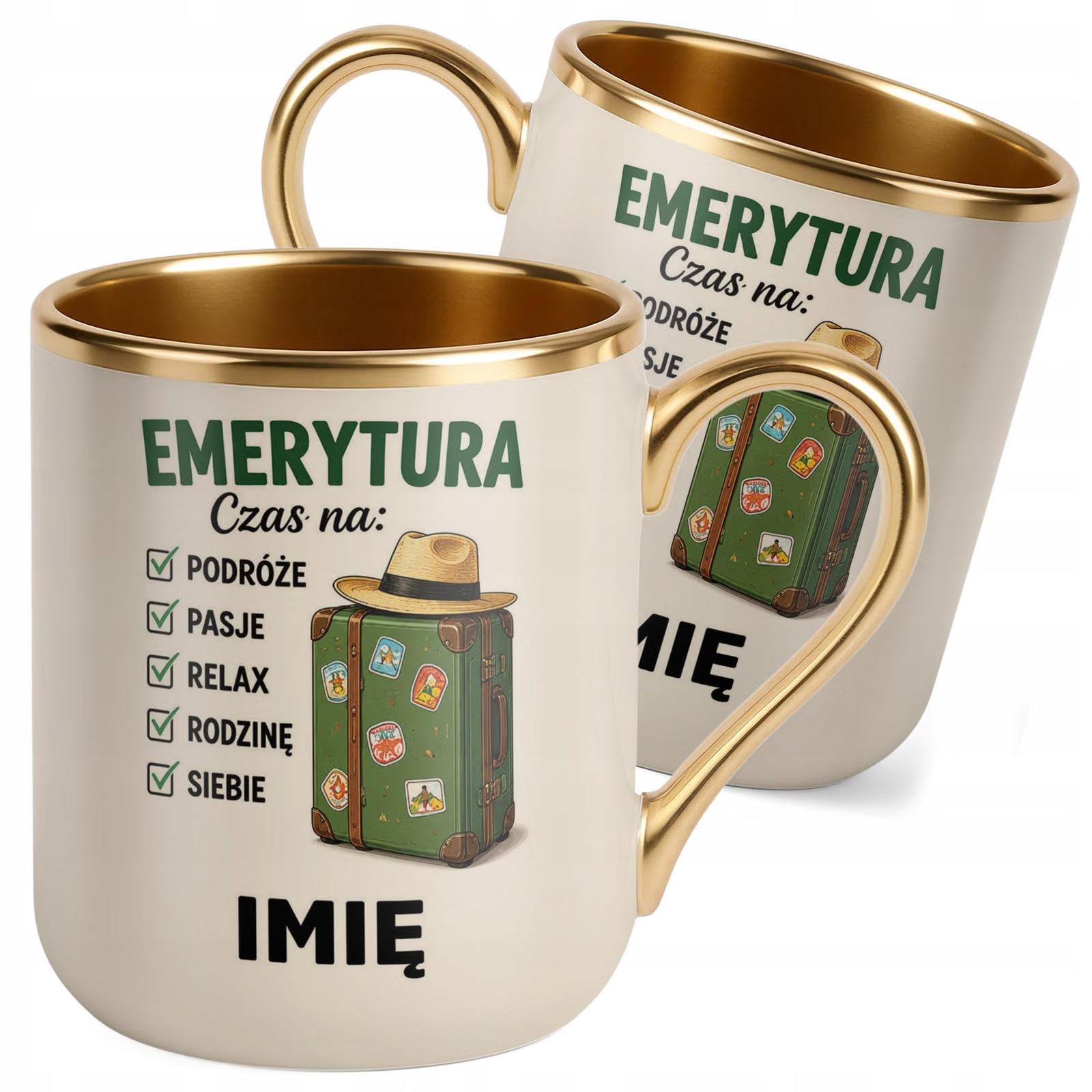 Kubek Personalizowany z nadrukiem Premium Złoty Ecru Emerytura Prezent