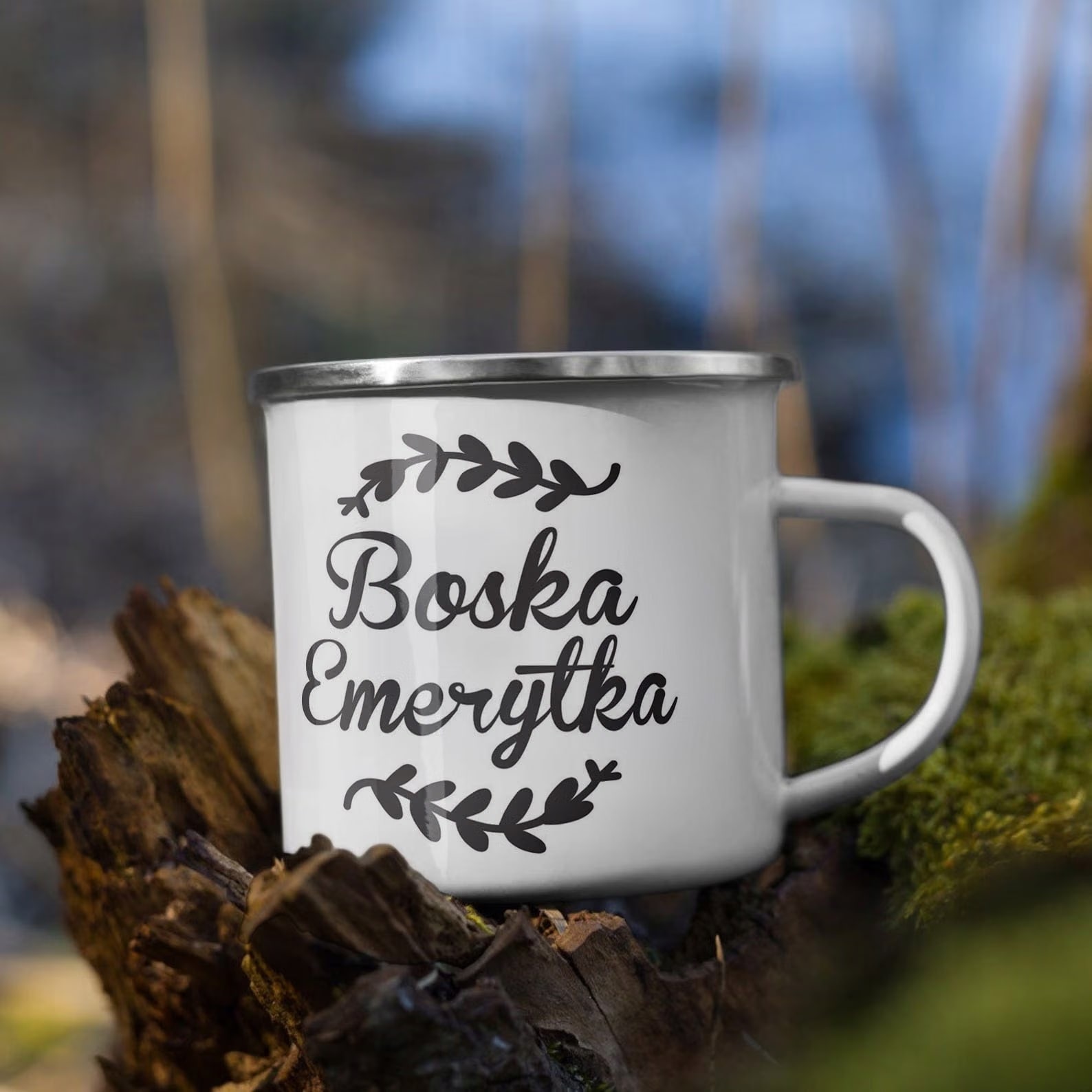 Kubek Emaliowany z okazji Emerytury Dla Emerytki z Nadrukiem Biały Metalowy