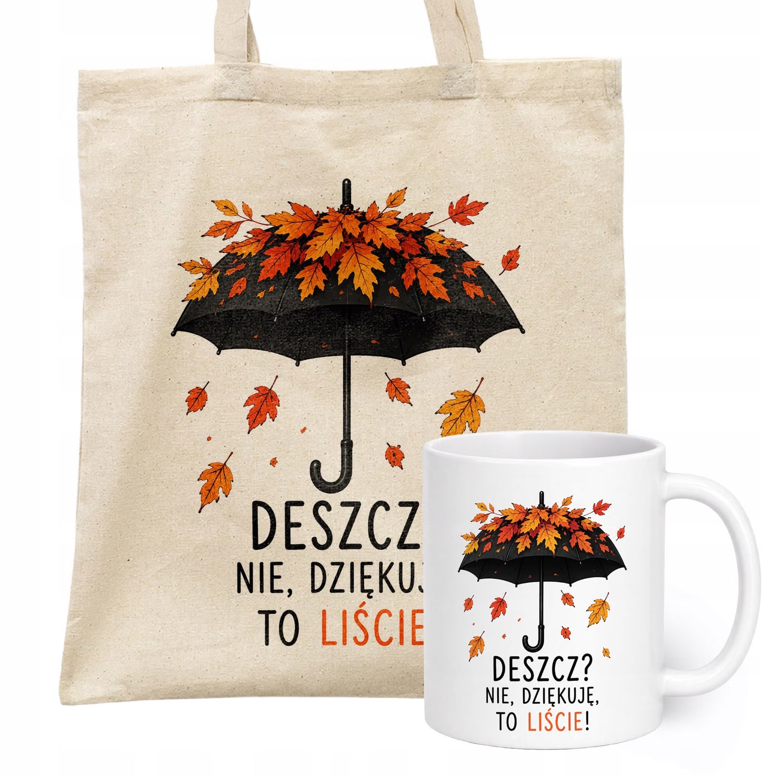 Zestaw Kubek Biały Torba Shopper Ecru Z Nadrukiem Jesień Jesienny Prezent