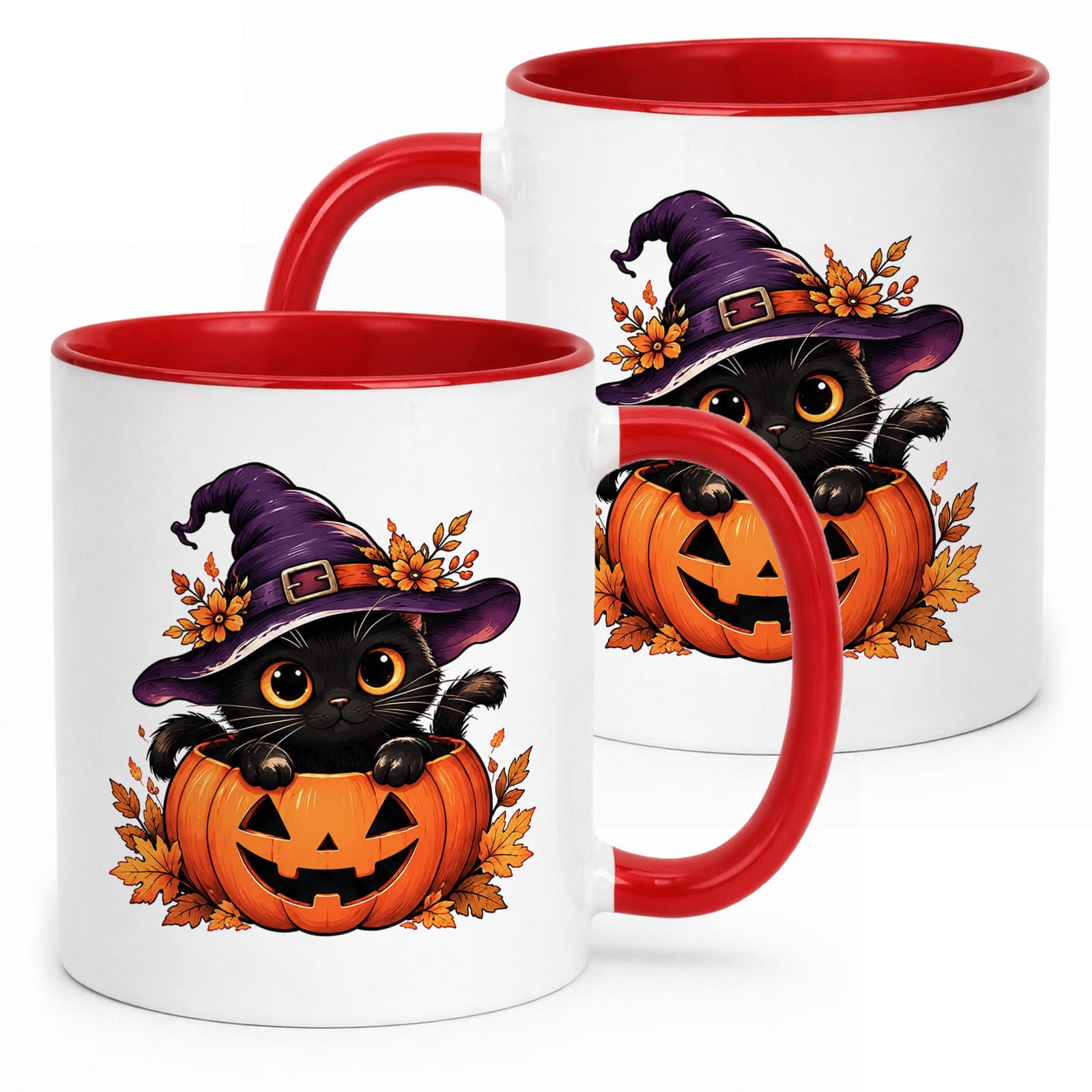 Kubek Czerwony z Nadrukiem Halloween Jesień Kot Dynia Prezent Upominek