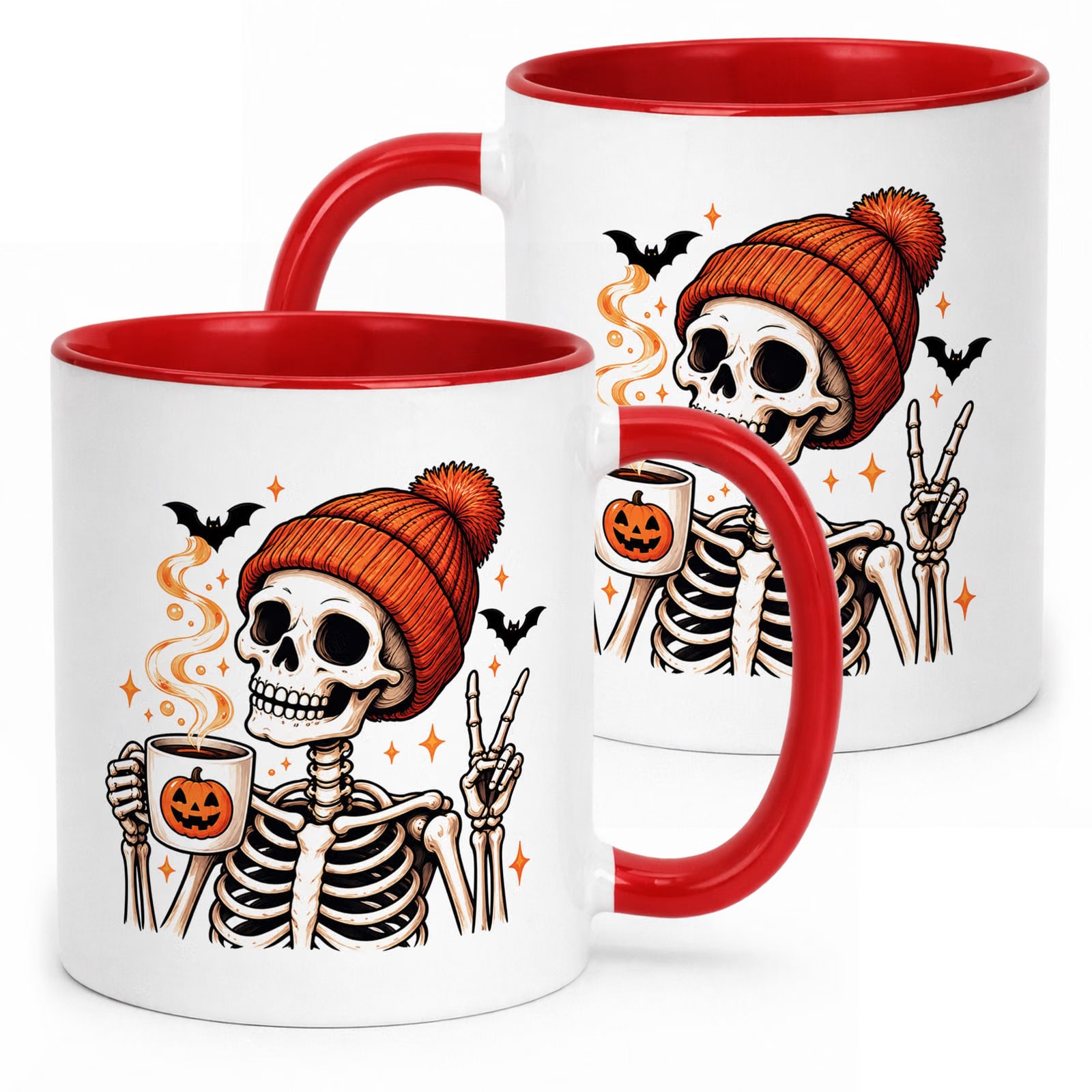 Kubek Czerwony z Nadrukiem Halloween Jesień Szkielet Dynia Prezent