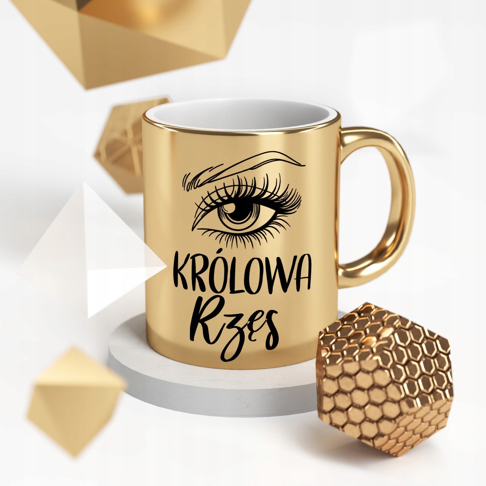 Kubek Złoty ceramiczny 330 ml Królowa Rzęs Dla Stylistki Rzęs Prezent