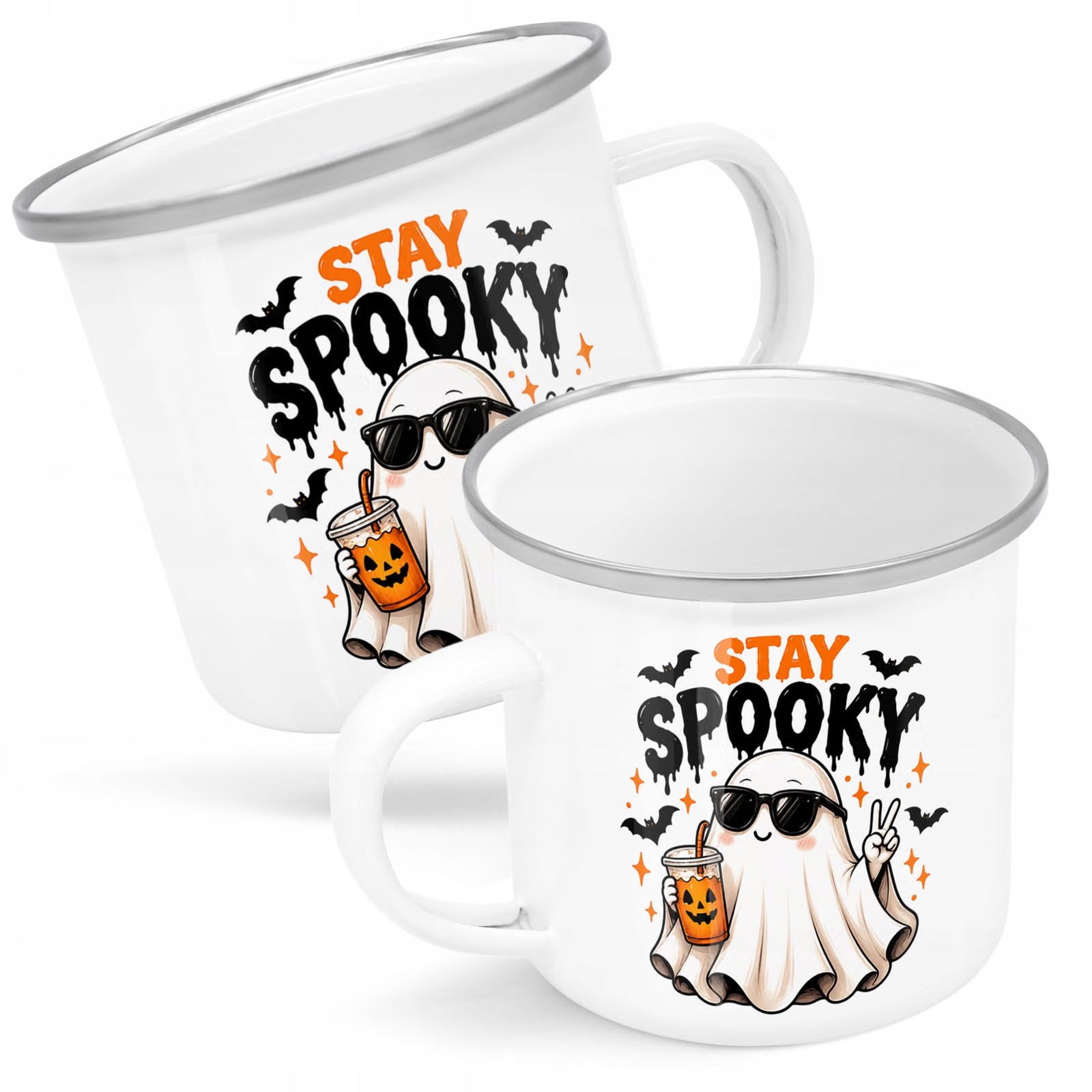 Kubek Emaliowany Halloween Stay Spooky z Nadrukiem Biały Metalowy Prezent