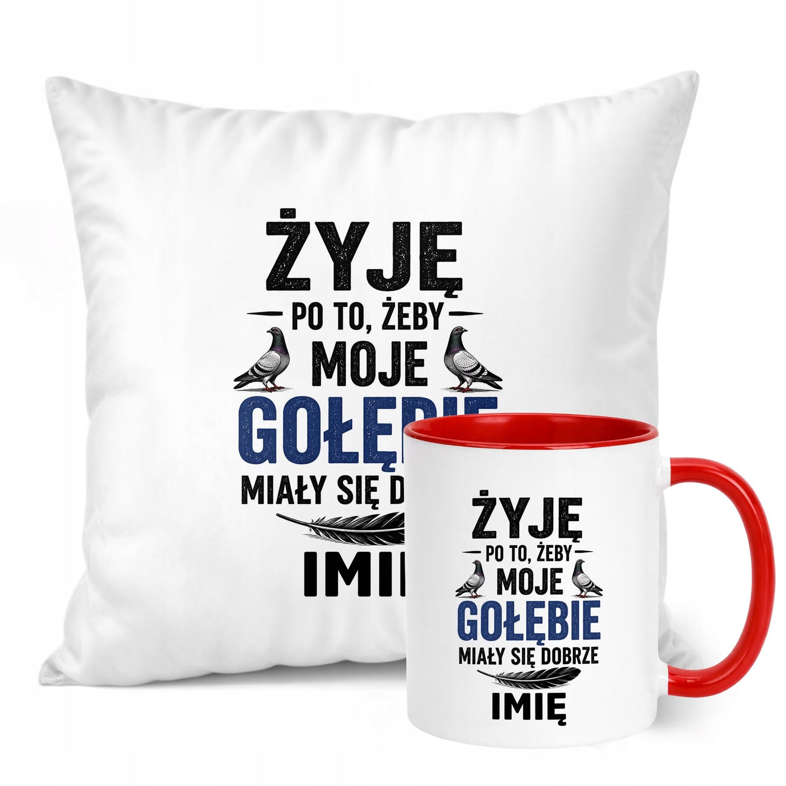 Zestaw Personalizowany Kubek Czerwony Poduszka Z Nadrukiem Dla Gołębiarza