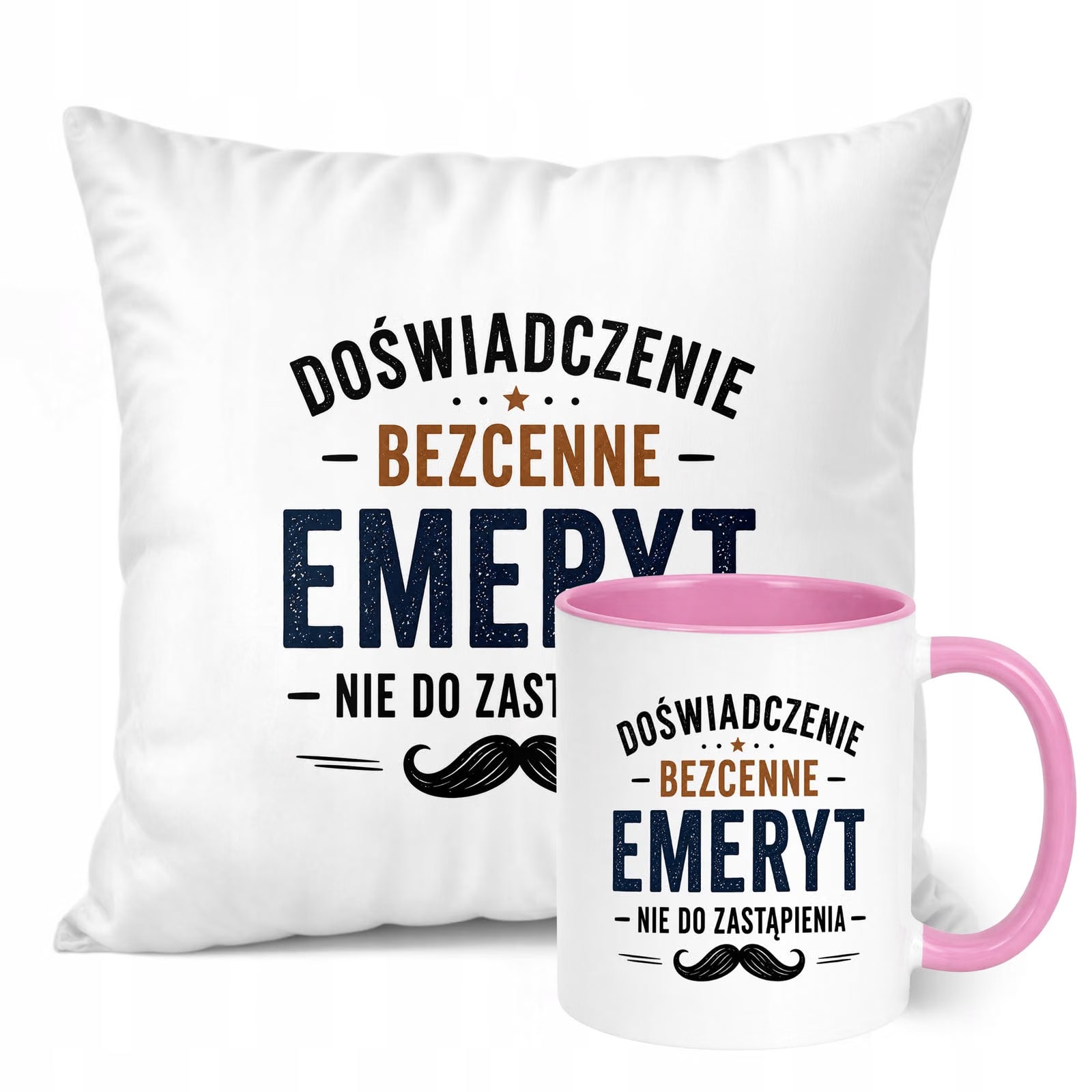Zestaw Kubek Różowy Poduszka Z Nadrukiem Emerytura Dla Emeryta Prezent