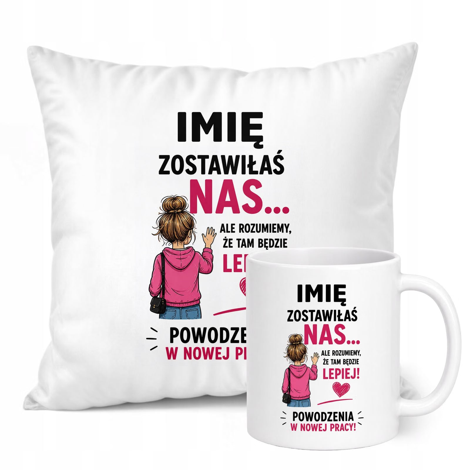Zestaw Personalizowany Kubek Biały Poduszka Odejście z Pracy Prezent