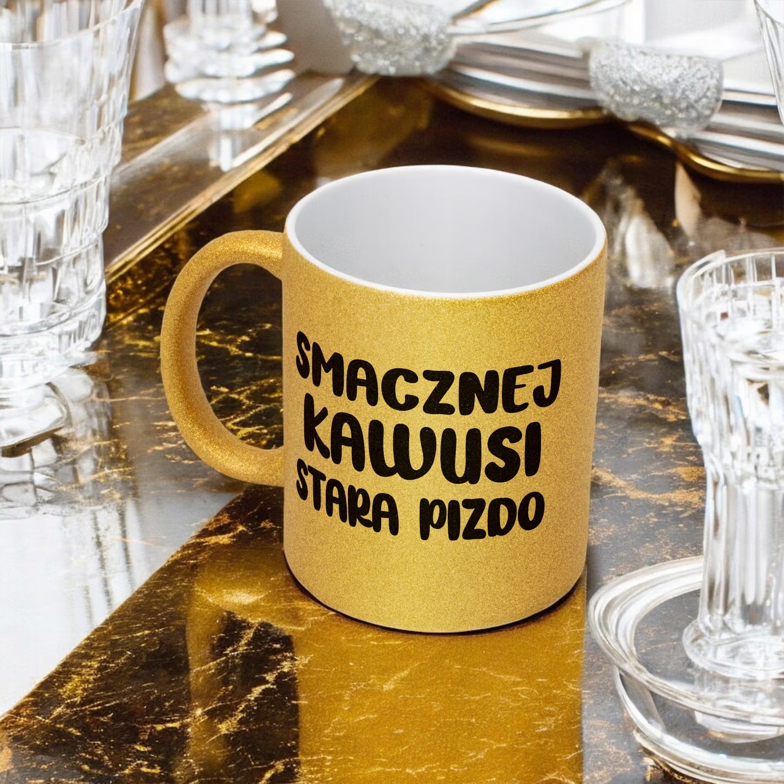 Złoty Kubek Brokatowy Smacznej Kawusi Stara Piz*o Zabawny Prezent