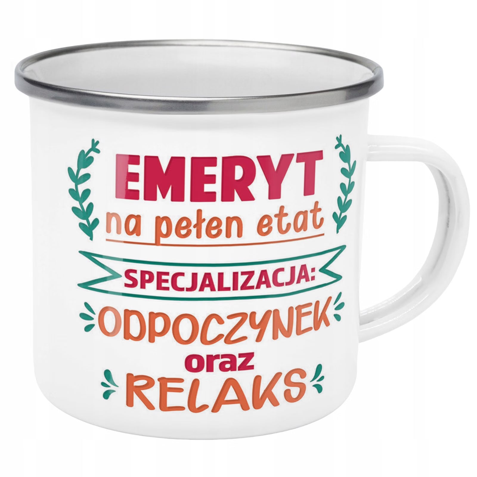 Kubek Emaliowany z okazji Emerytury Dla Emeryta z Nadrukiem Biały Metalowy