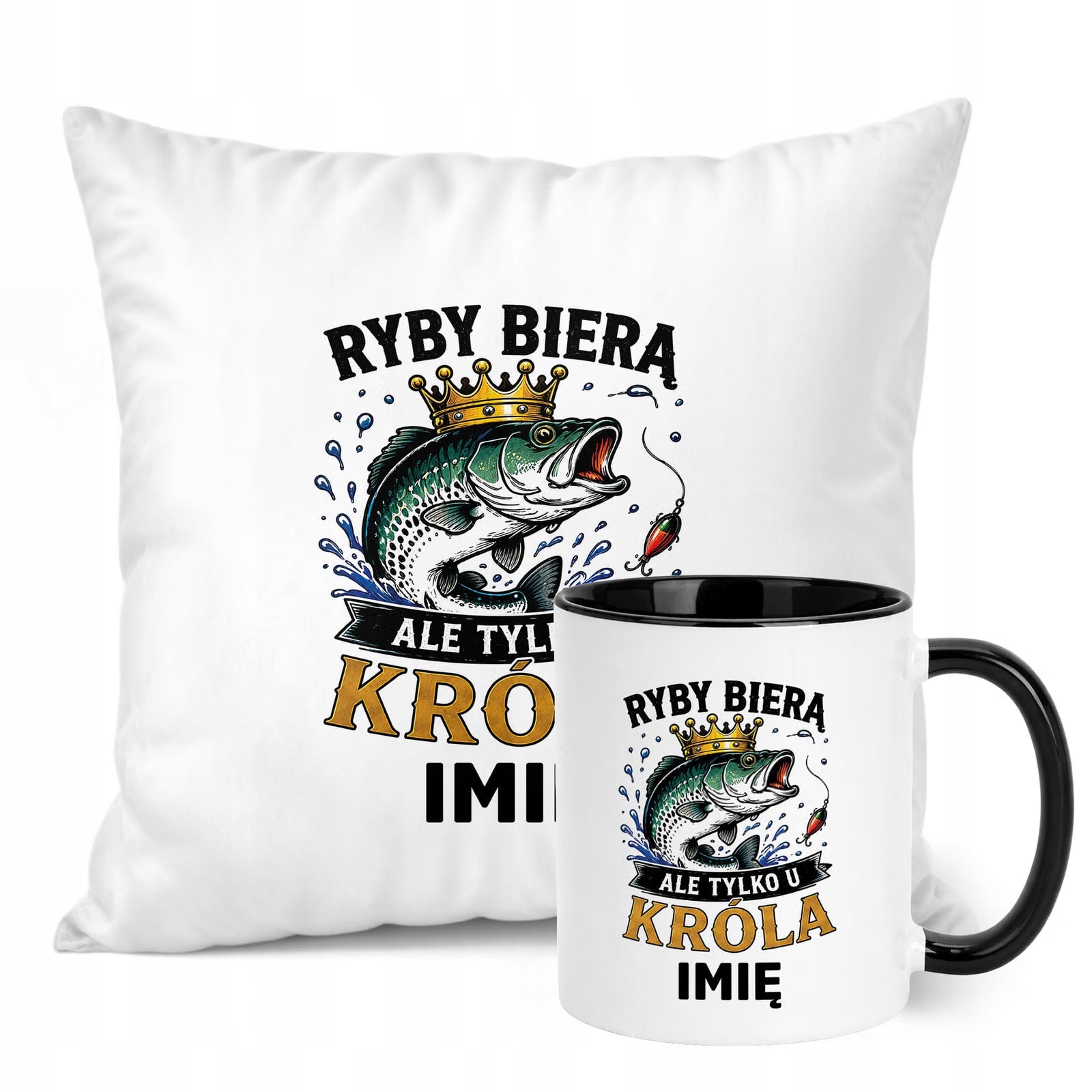 Zestaw Personalizowany Kubek Czarny Poduszka Z Nadrukiem Dla Wędkarza