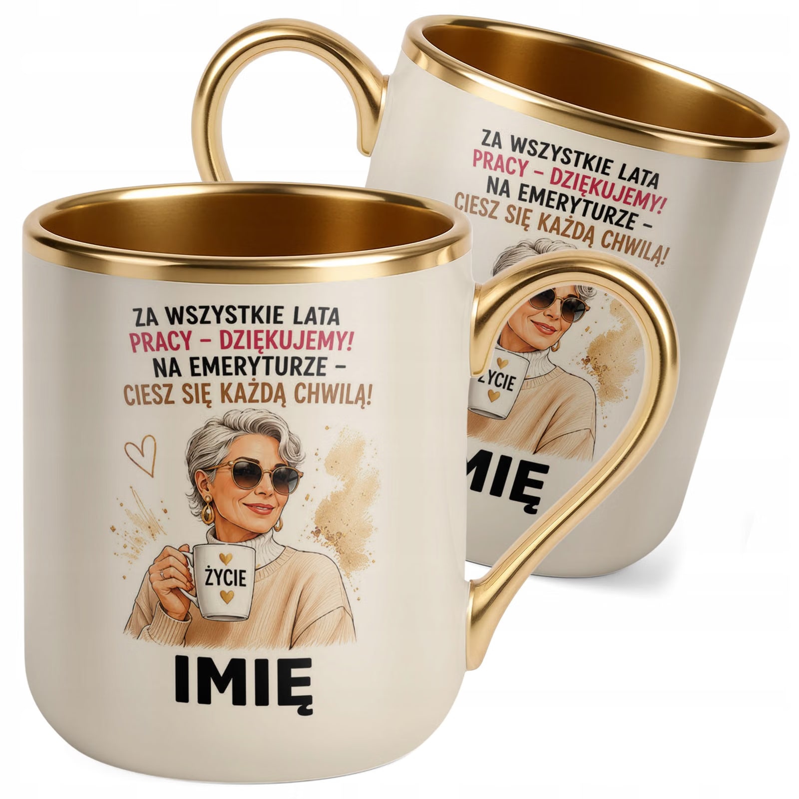 Kubek Personalizowany z nadrukiem Premium Złoty Ecru Emerytura Prezent