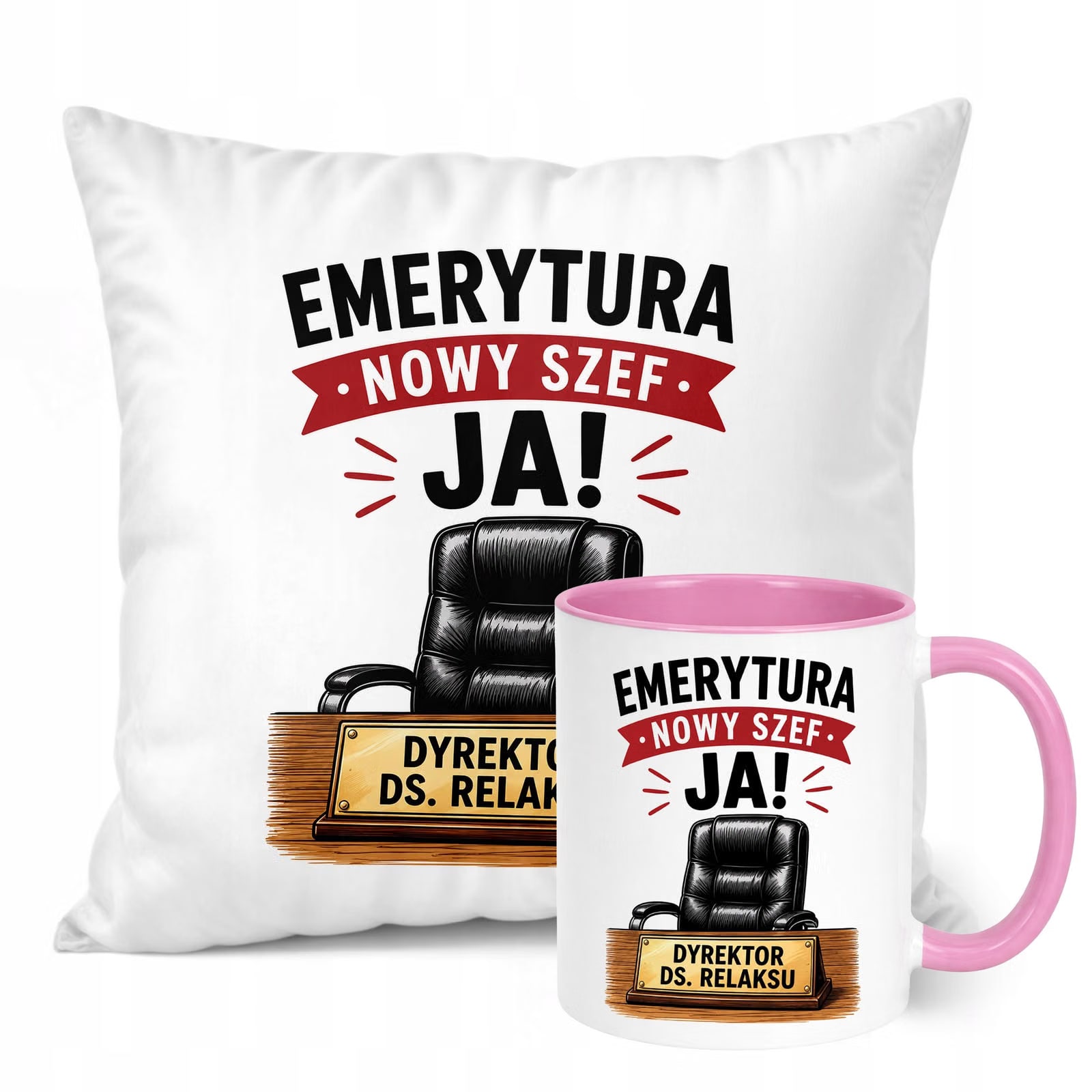 Zestaw Kubek Różowy Poduszka Z Nadrukiem Emeryture Dla Emeryta Prezent