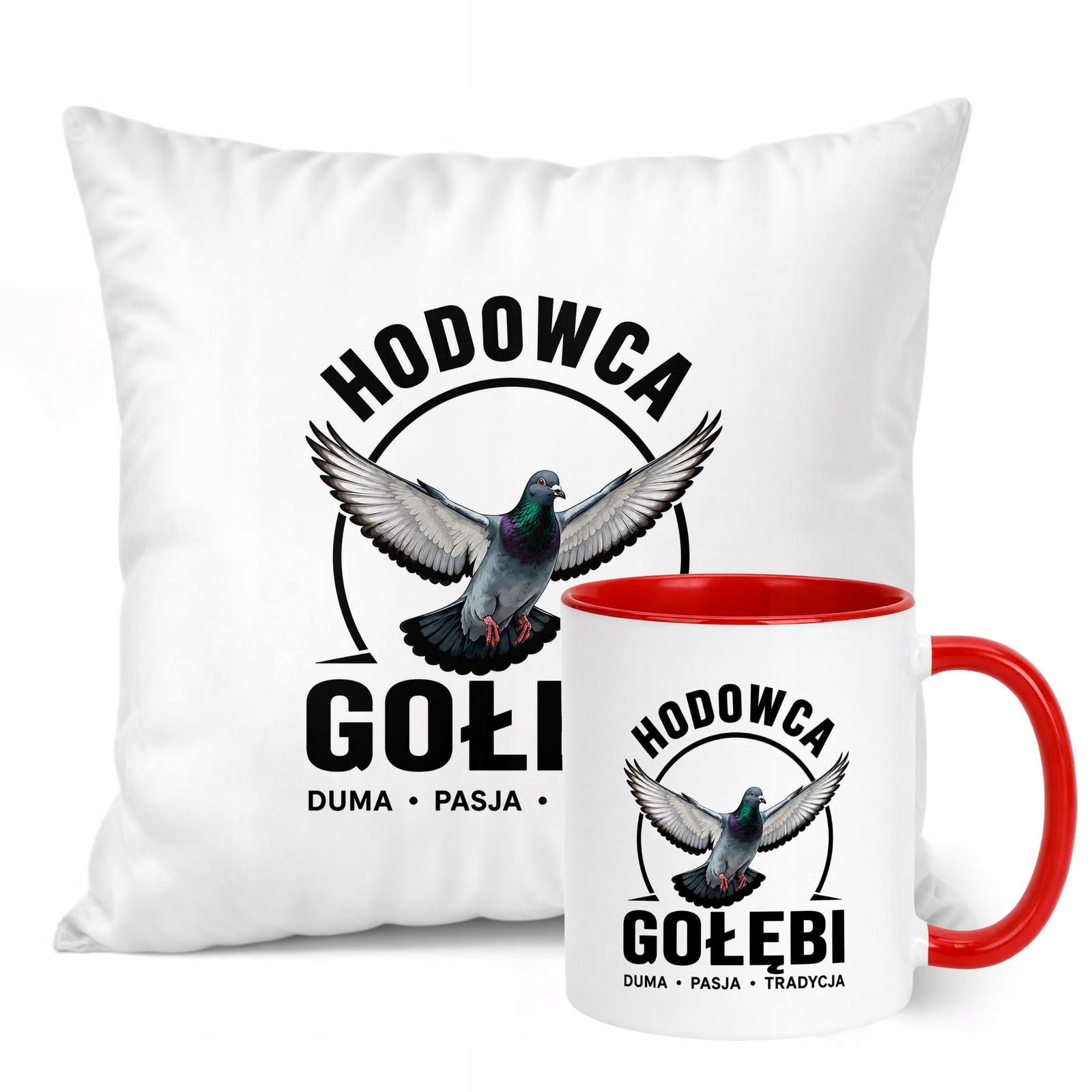 Zestaw Kubek Czerwony Poduszka Z Nadrukiem Dla Gołębiarza Prezent
