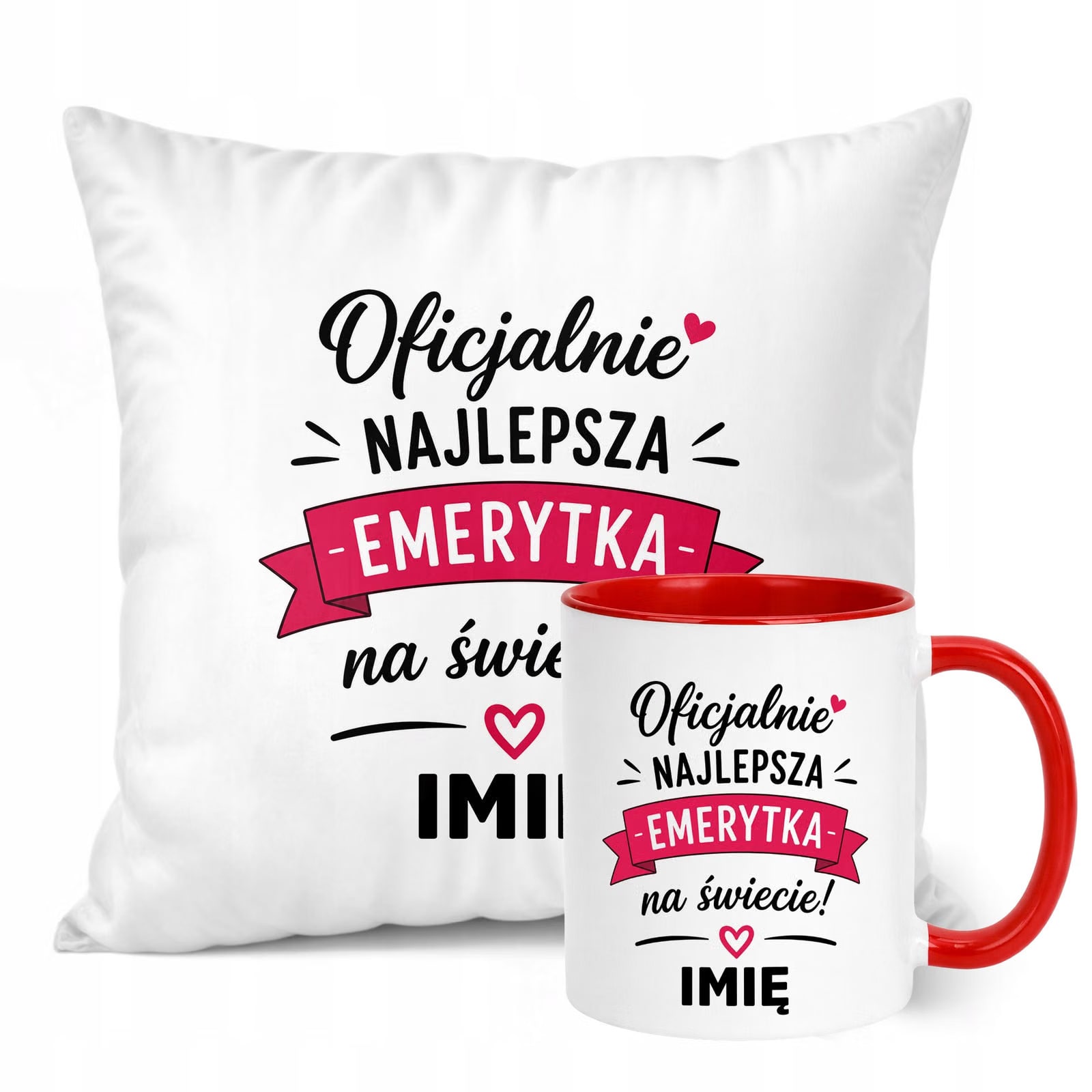 Zestaw Personalizowany Kubek Czerwony Poduszka Emerytura Upominek Prezent