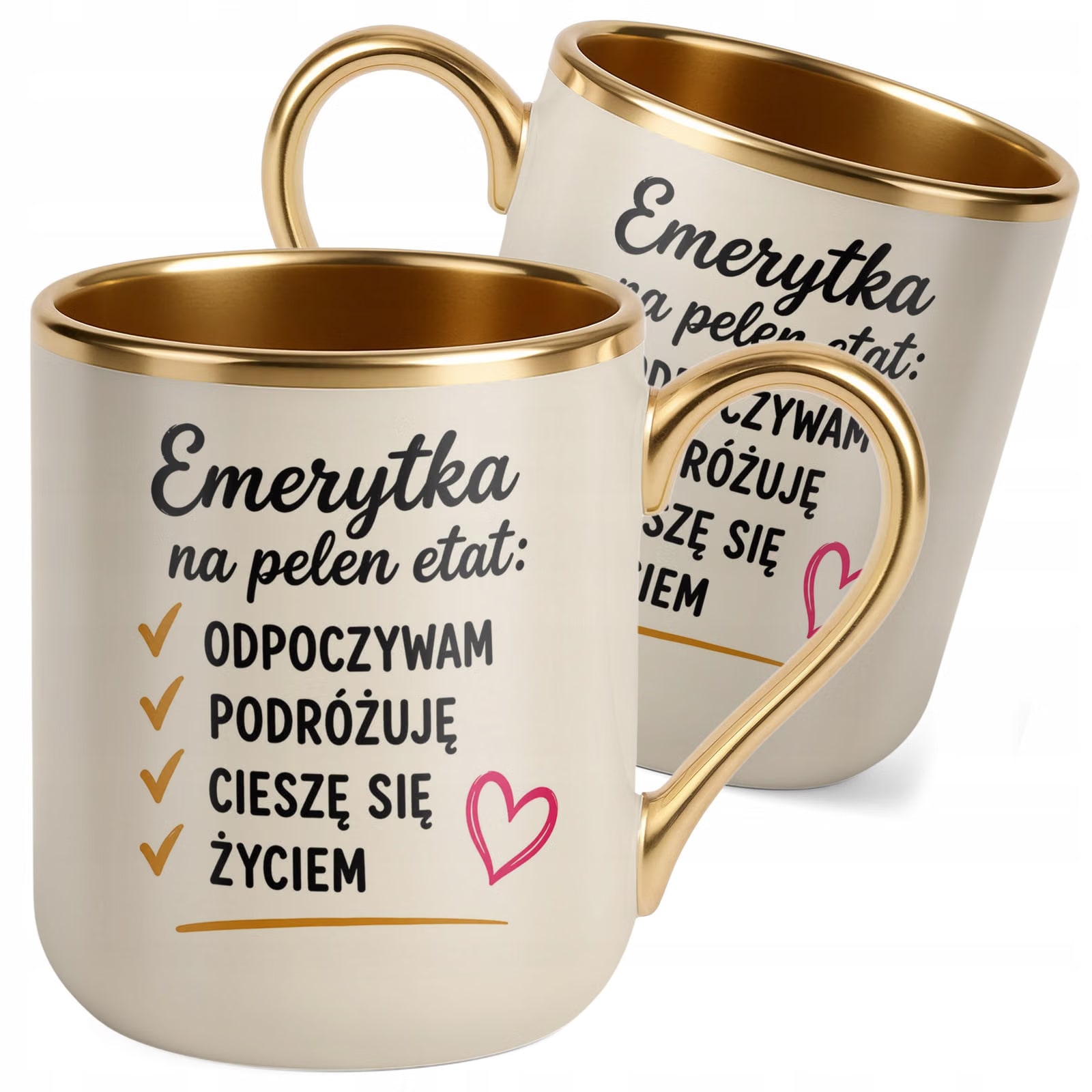 Kubek z nadrukiem Premium Złoty Ecru Emerytura Dla Emerytki Prezent