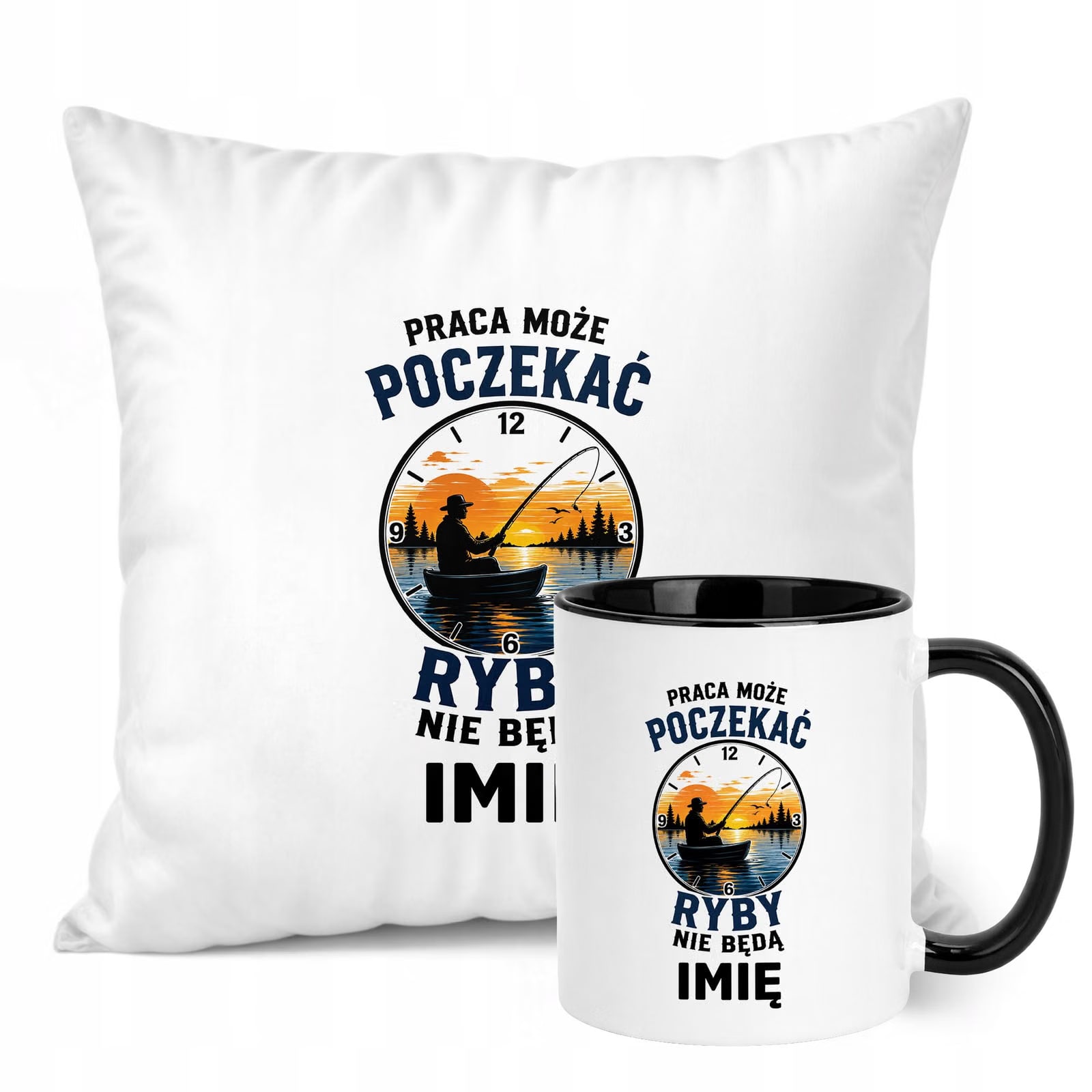 Zestaw Personalizowany Kubek Czarny Poduszka Z Nadrukiem Dla Wędkarza