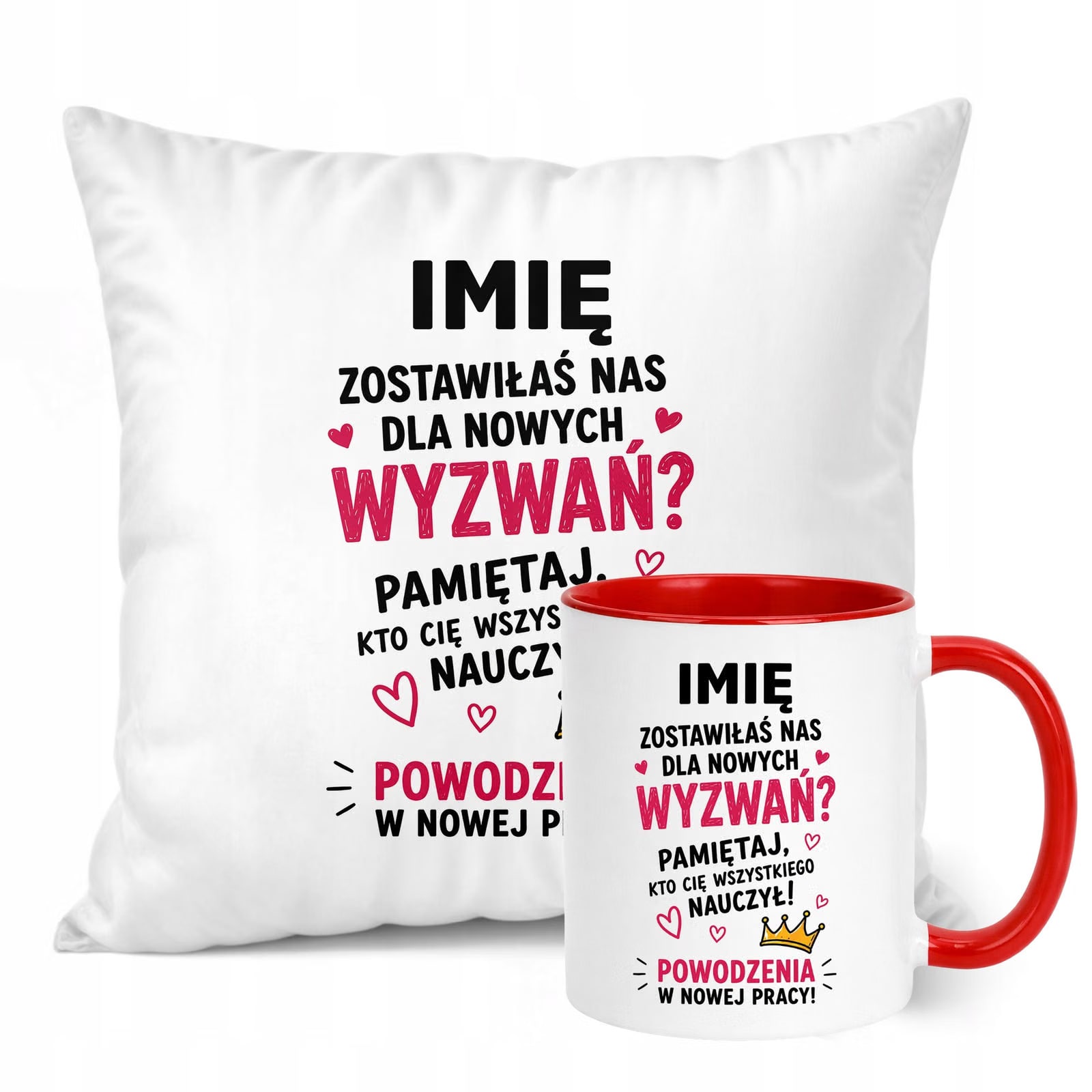 Zestaw Personalizowany Kubek Czerwony Poduszka Odejście z Pracy Prezent