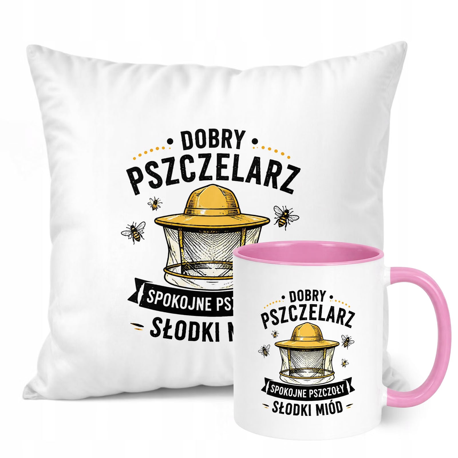 Zestaw Kubek Różowy Poduszka Z Nadrukiem Dla Pszczelarza Prezent