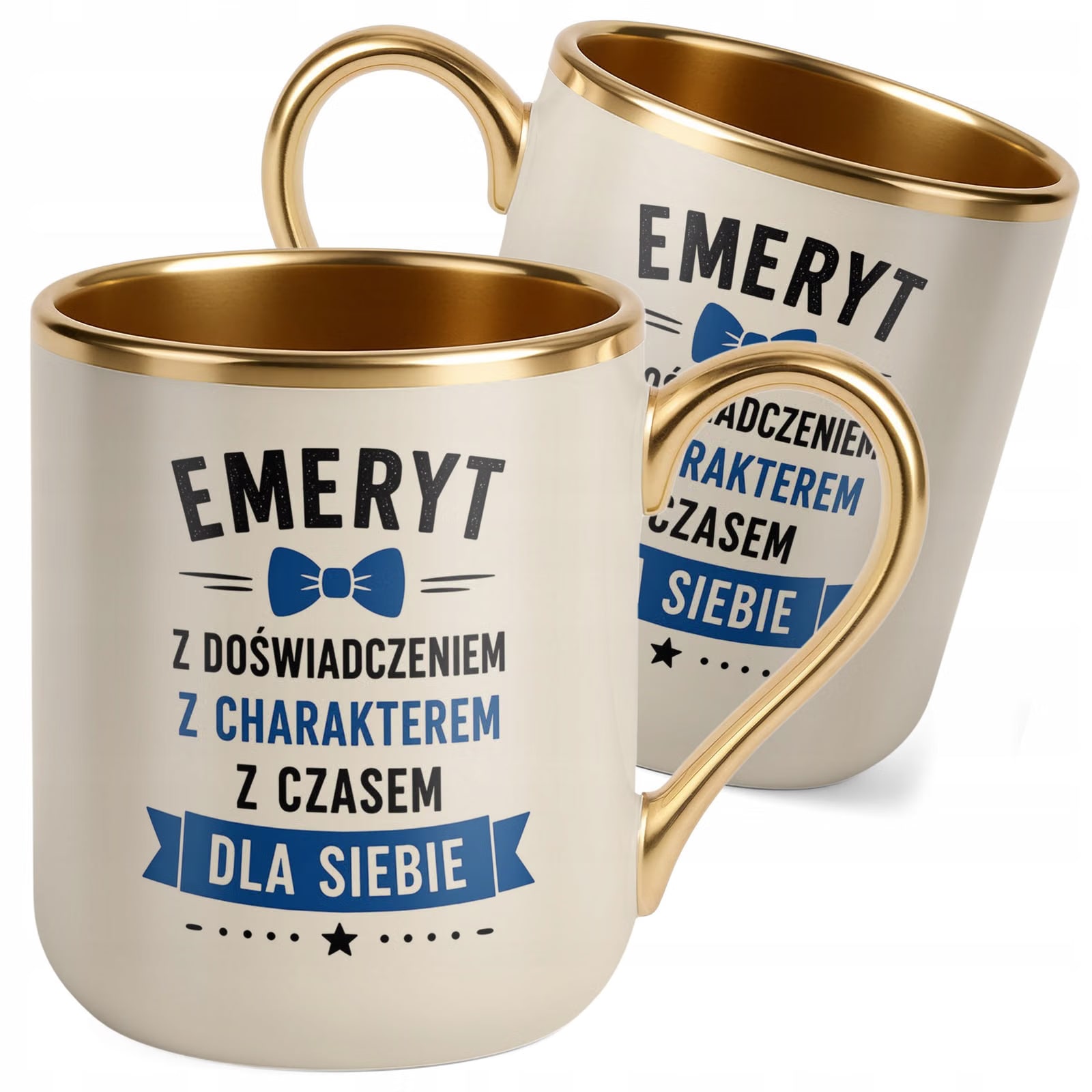Kubek z nadrukiem Premium Złoty Ecru Emerytura Dla Emeryta Upominek Prezent