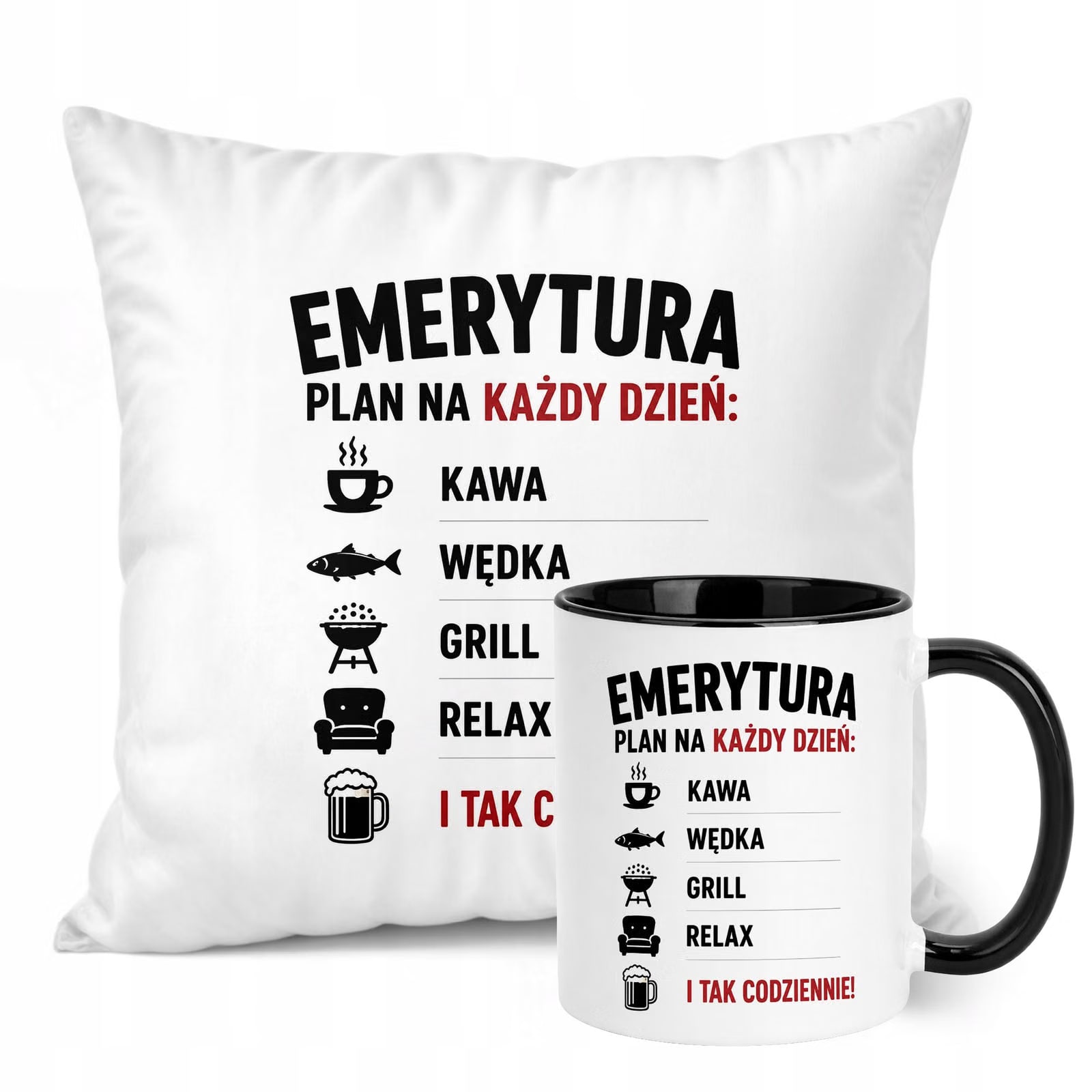 Zestaw Kubek Czarny Poduszka Z Nadrukiem Emerytura Dla Emeryta Prezent