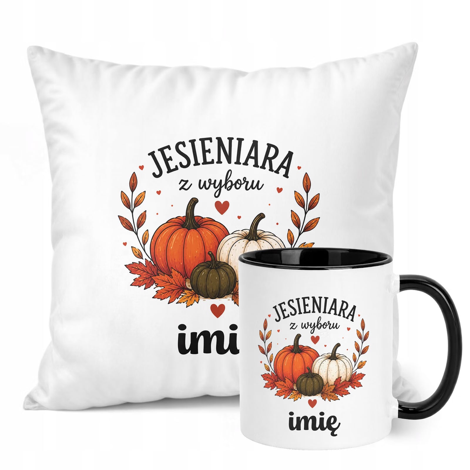 Zestaw Personalizowany Kubek Czarny Poduszka Jesień Jesienny Z Nadrukiem