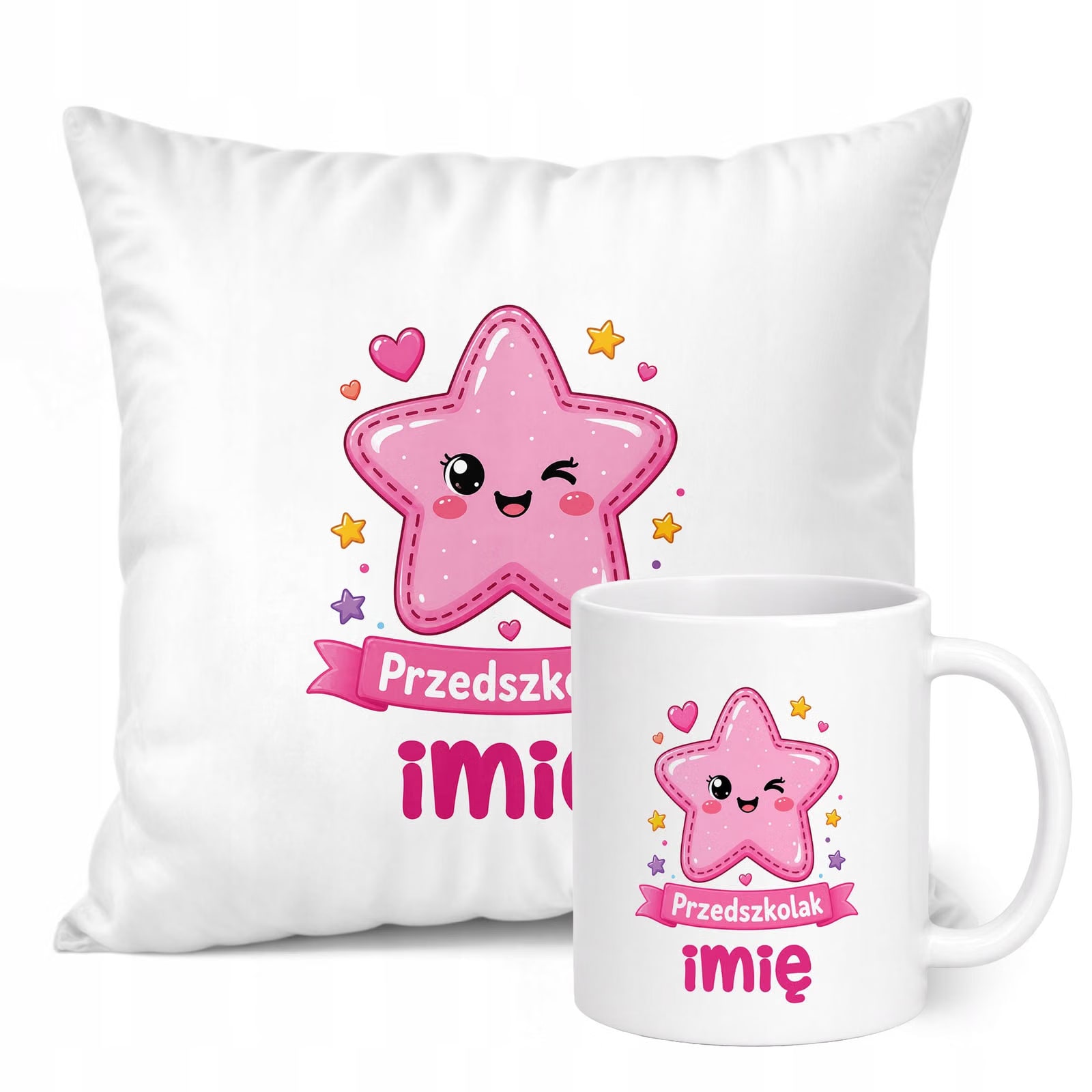 Zestaw Personalizowany Kubek Biały Poduszka Przedszkolak Gwiazdka