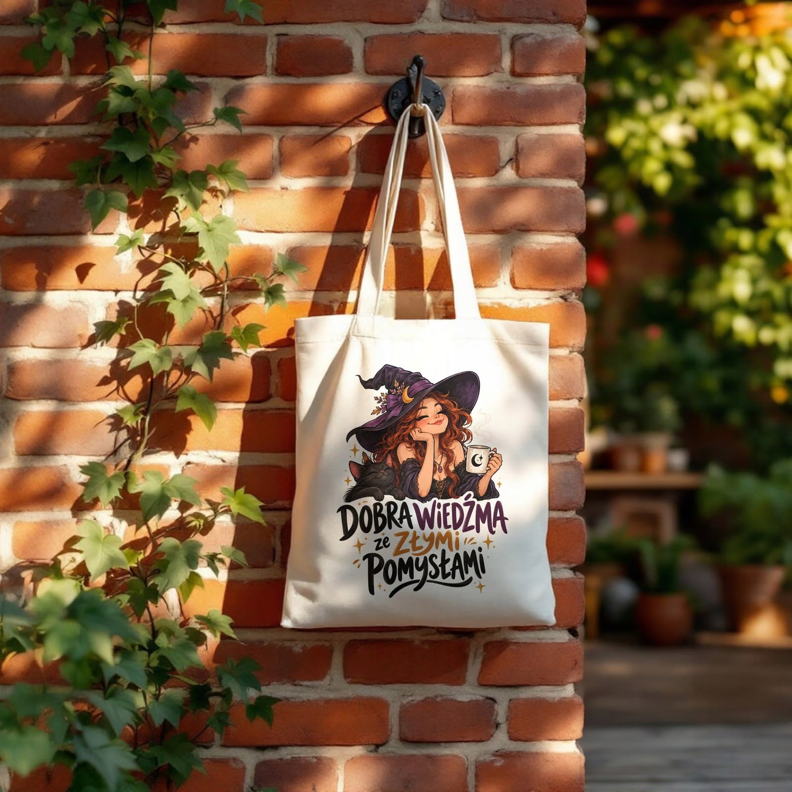 Torba shopper bawełniana wiedźma kobieta na zakupy z nadrukiem