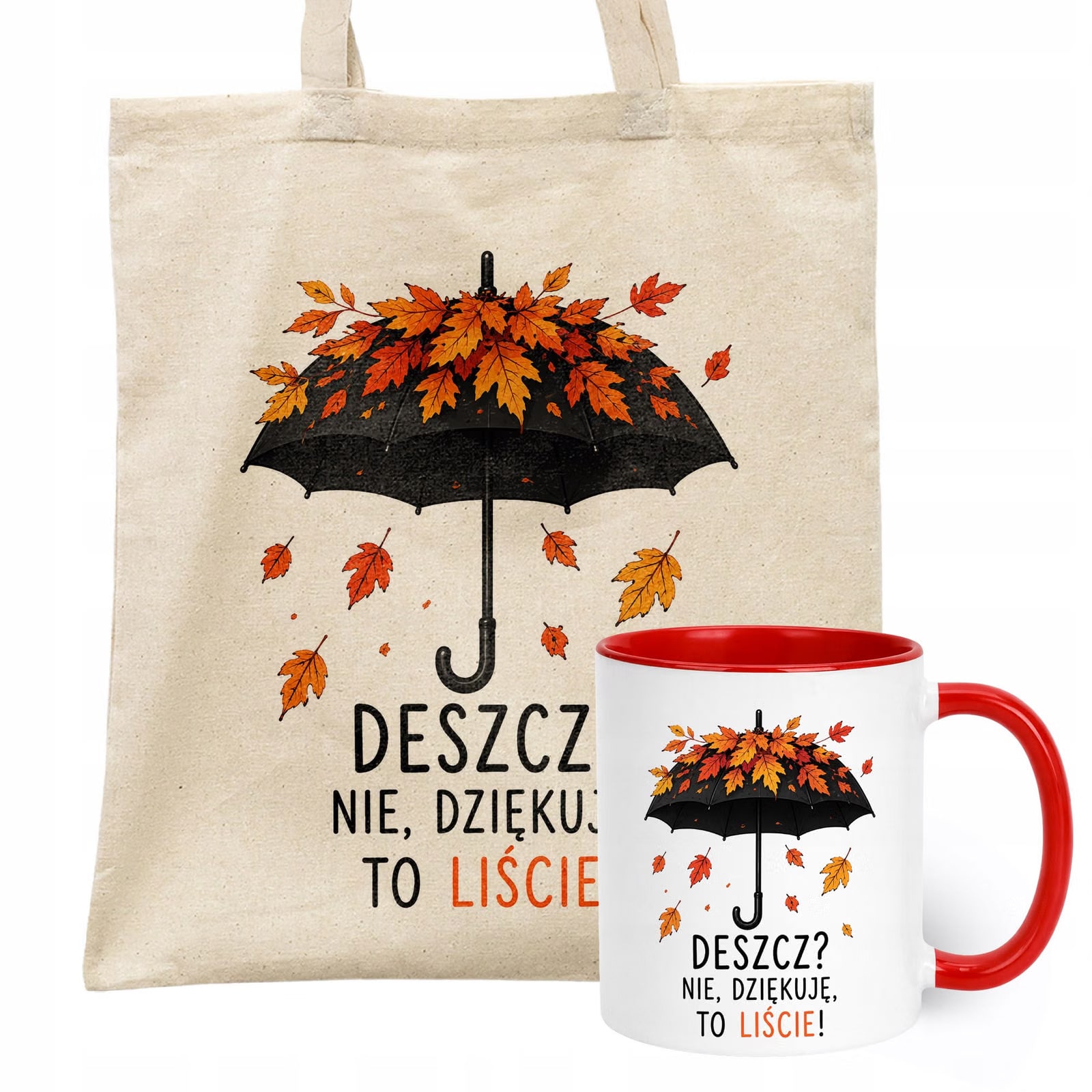 Zestaw Kubek Czerwony Torba Shopper Ecru Z Nadrukiem Jesień Jesienny