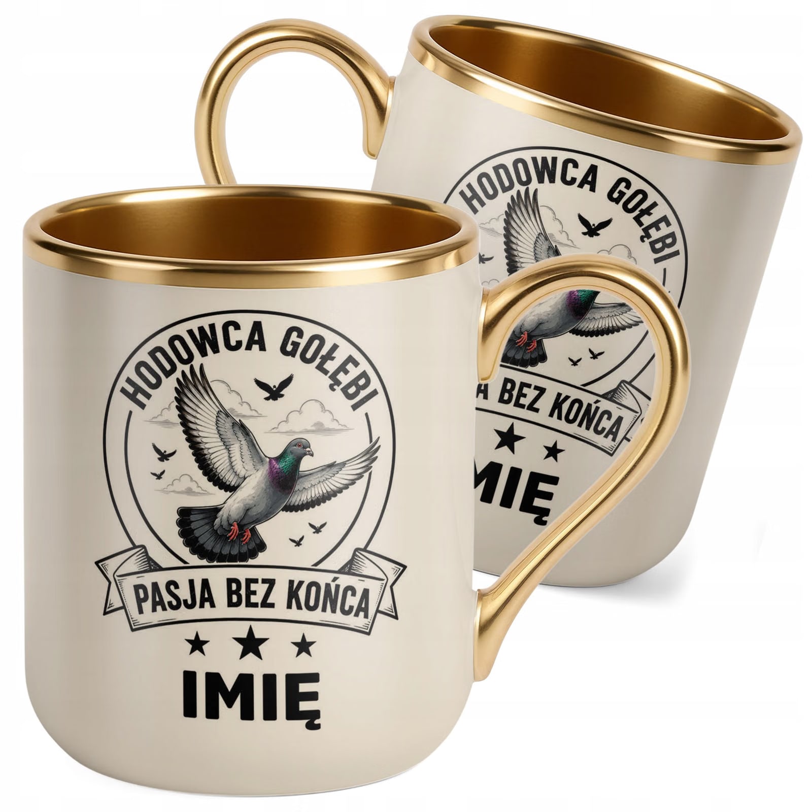 Kubek Personalizowany z nadrukiem Premium Złoty Ecru Dla Gołębiarza Prezent