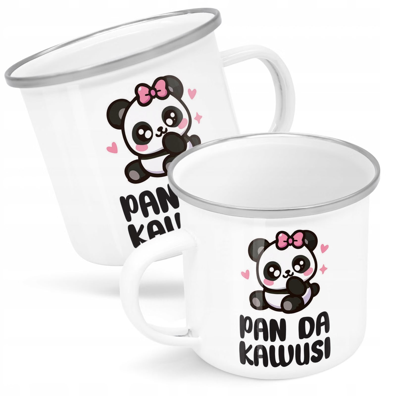 Kubek Emaliowany Pan Da Kawusi Panda Zabawny z Nadrukiem Biały Metalowy