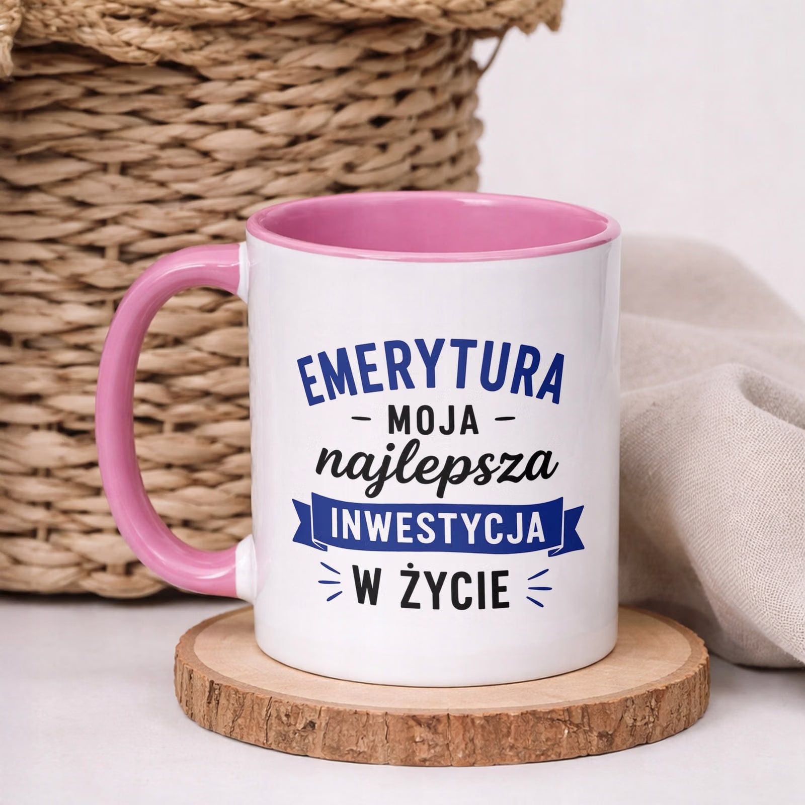 Kubek Różowy z nadrukiem Emerytura Dla Emeryta Upominek Prezent